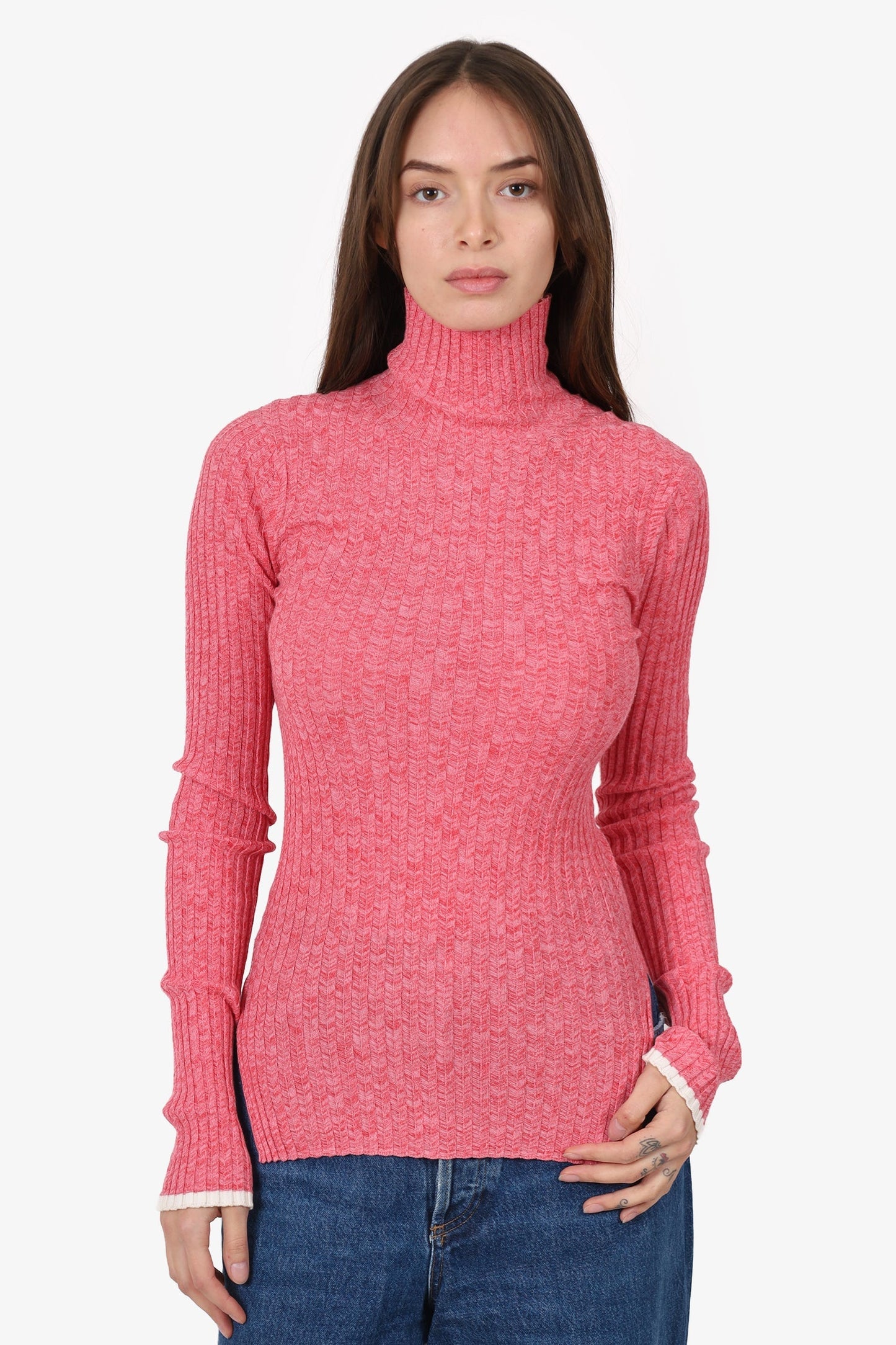 Celine Pink Knit Ribbed Long Sleeve Turtle Neck Sweater Size XS