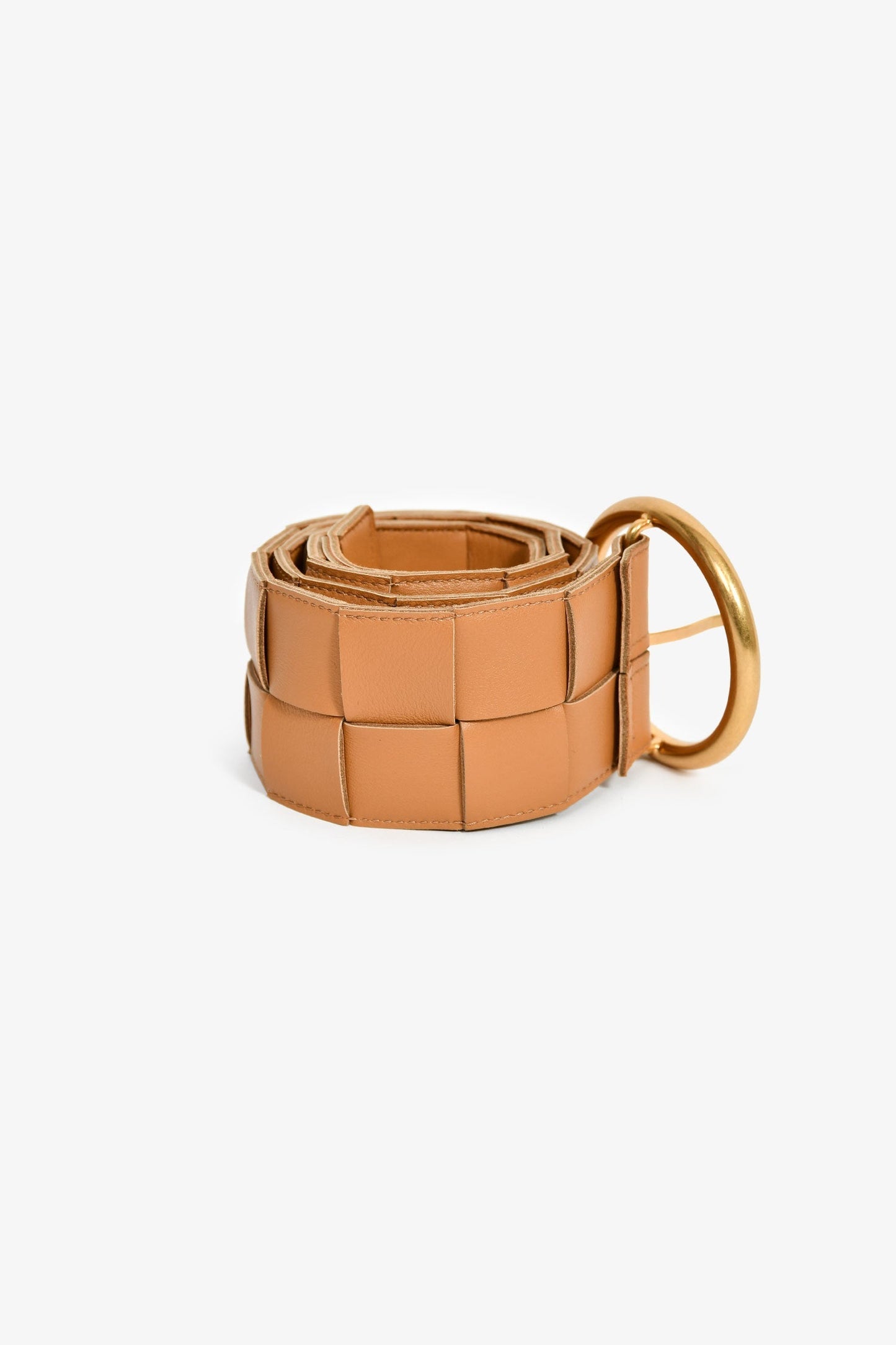 Bottega Veneta Camel Maxi Intrecciato Leather Round Buckle Belt Size 80