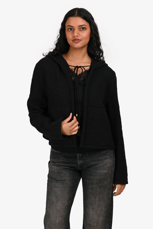 Celine Black Metallic Cotton/Wool Blend Tie Neck Hooded Cardigan Size 40