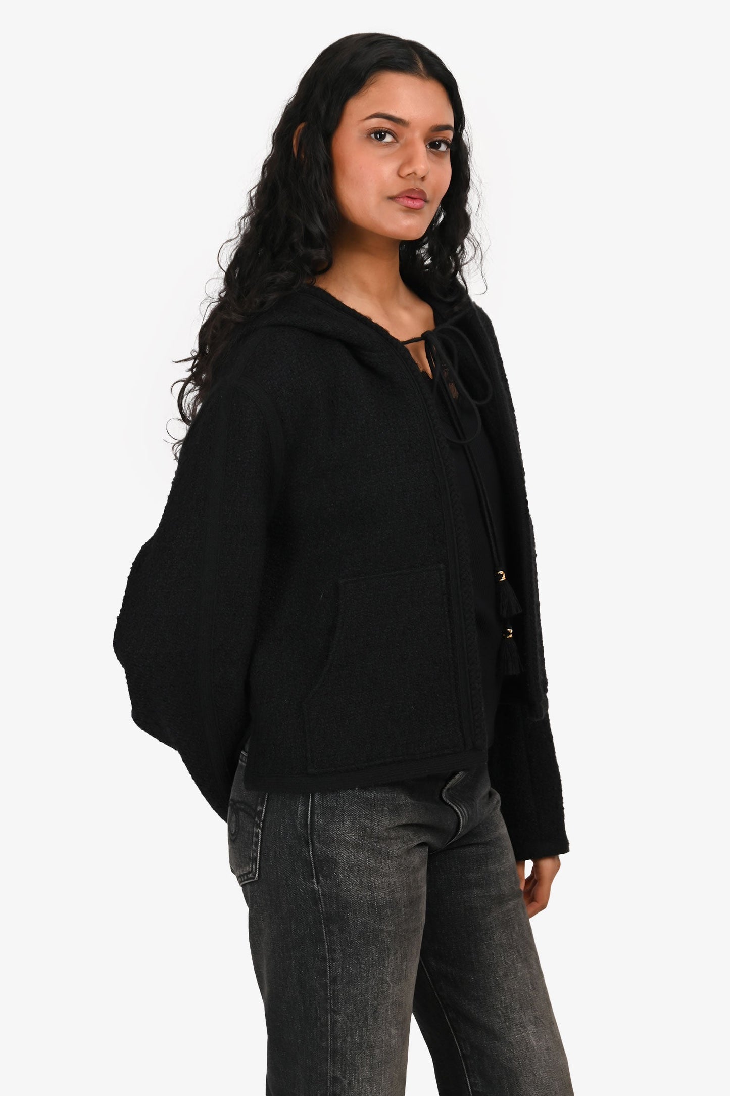 Celine Black Metallic Cotton/Wool Blend Tie Neck Hooded Cardigan Size 40