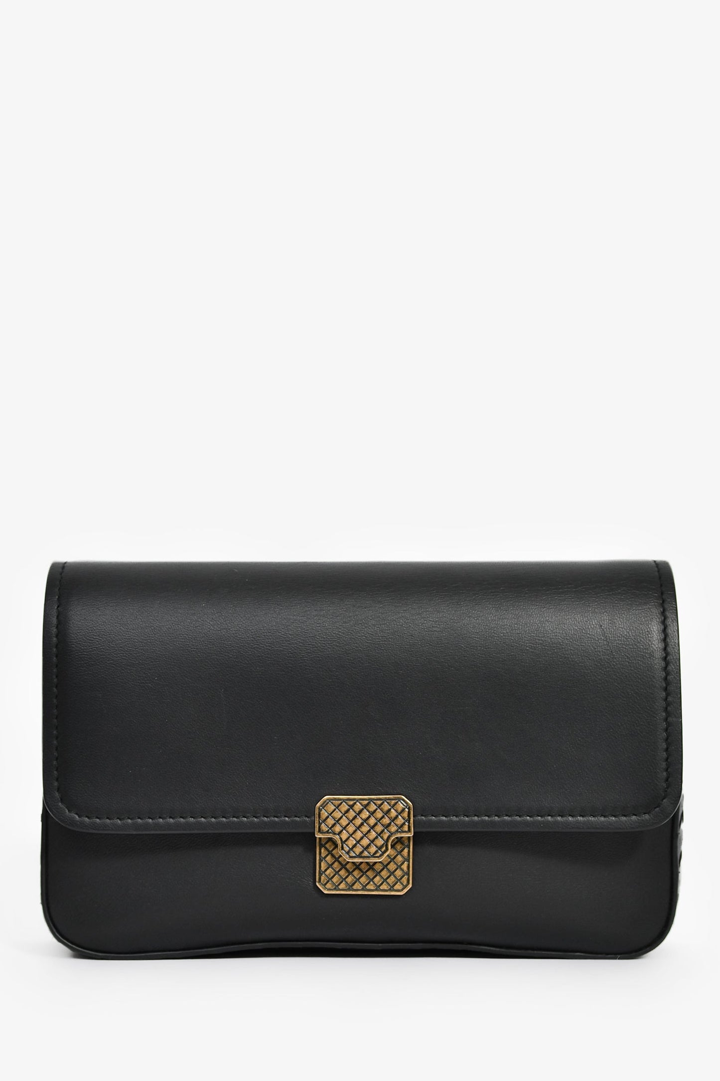 Bottega Veneta Black Leather Intrecciato Detail Wallet On Chain
