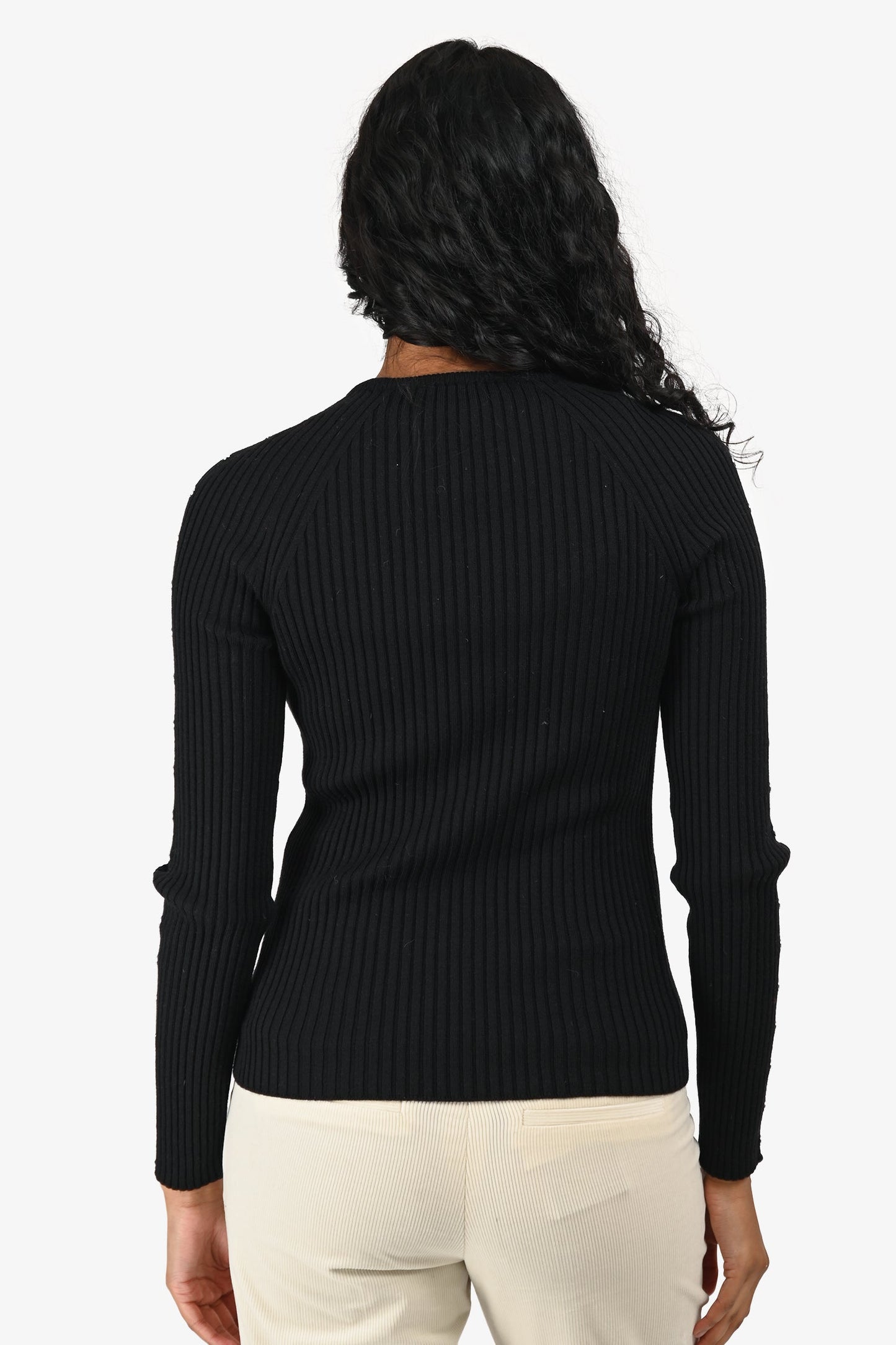 Celine Black Knit Ribbed Logo Mock Neck Top Size M