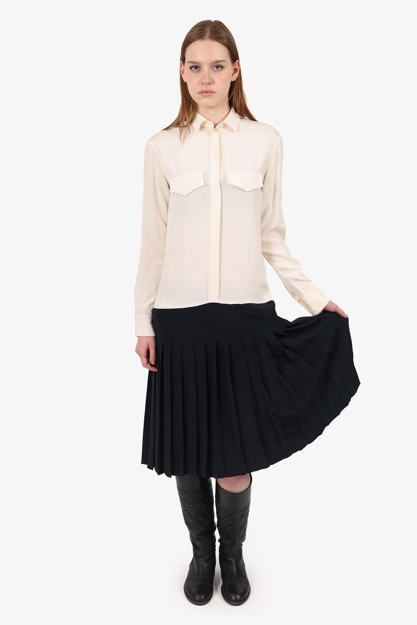 Celine Cream/Black Silk Button Up Pleated Dress Size 34