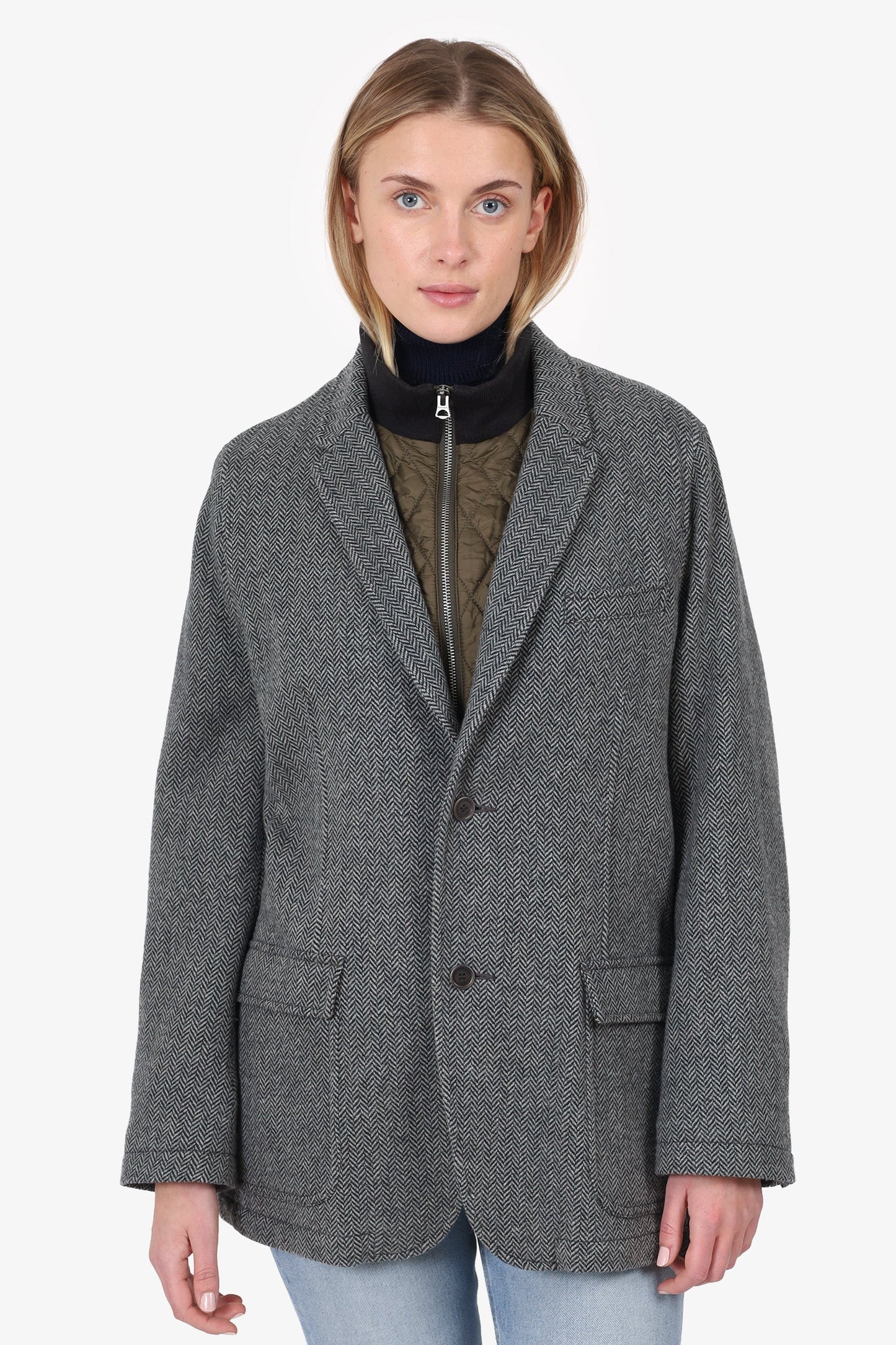 Burberry Black/White Wool Herringbone Single Breasted Blazer With Quilted Zip Up Size L