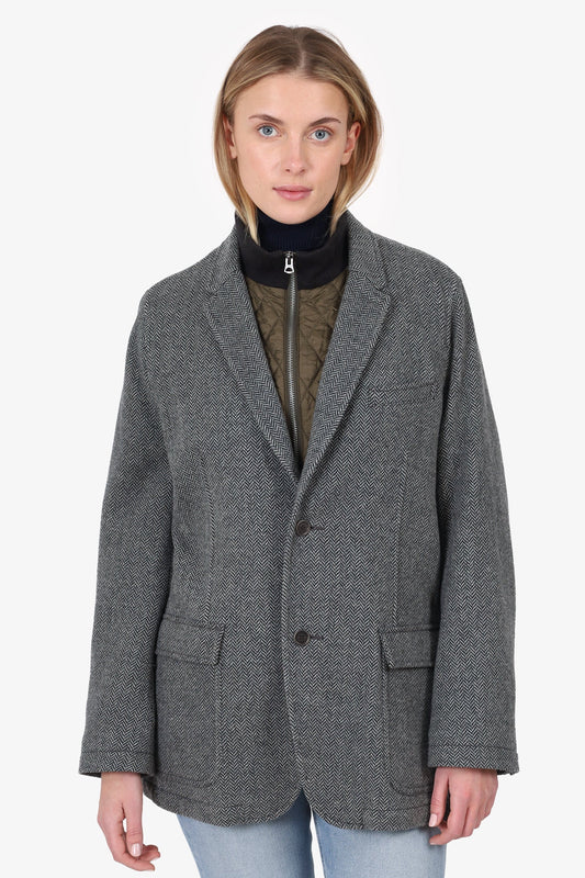 Burberry Black/White Wool Herringbone Single Breasted Blazer With Quilted Zip Up Size L