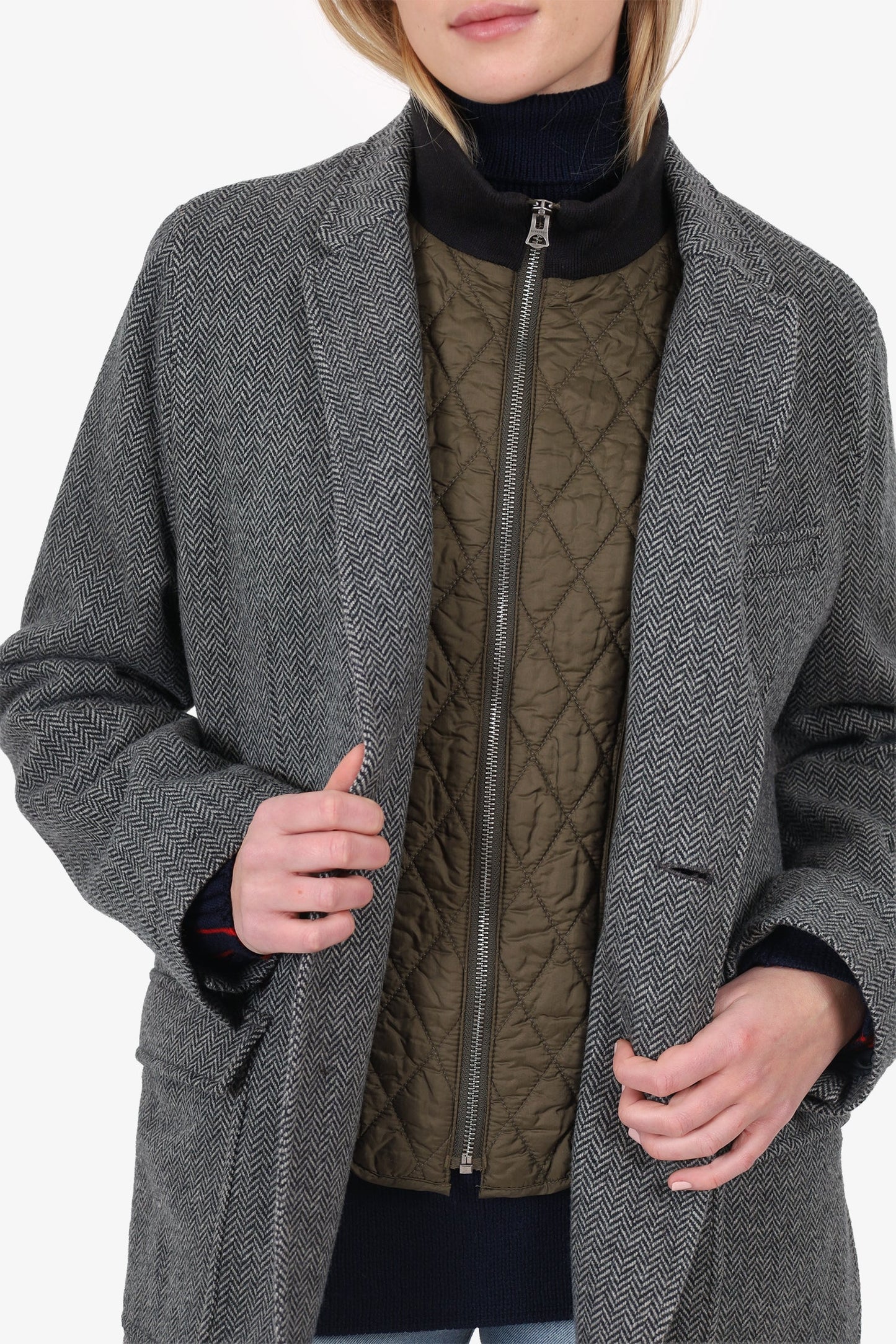 Burberry Black/White Wool Herringbone Single Breasted Blazer With Quilted Zip Up Size L