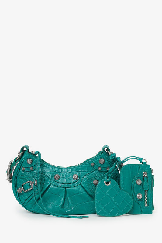 Balenciaga Green Leather Croc Embossed/Crystal 'Le Cagole' Handbag