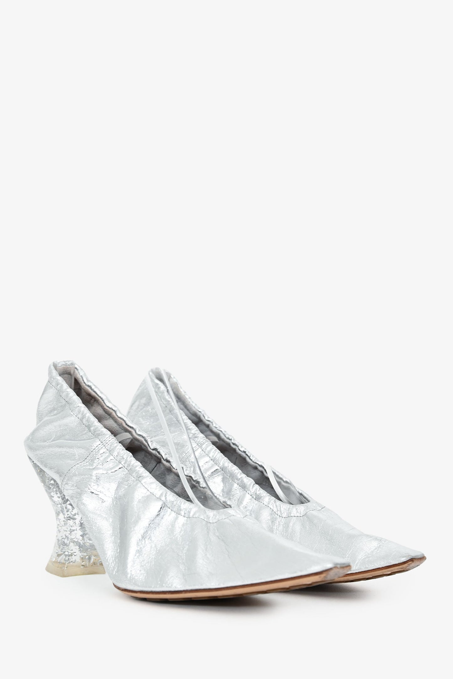 Bottega Veneta Silver Crinkled Leather Clear 'Almond' Pointed Heel Size 38.5