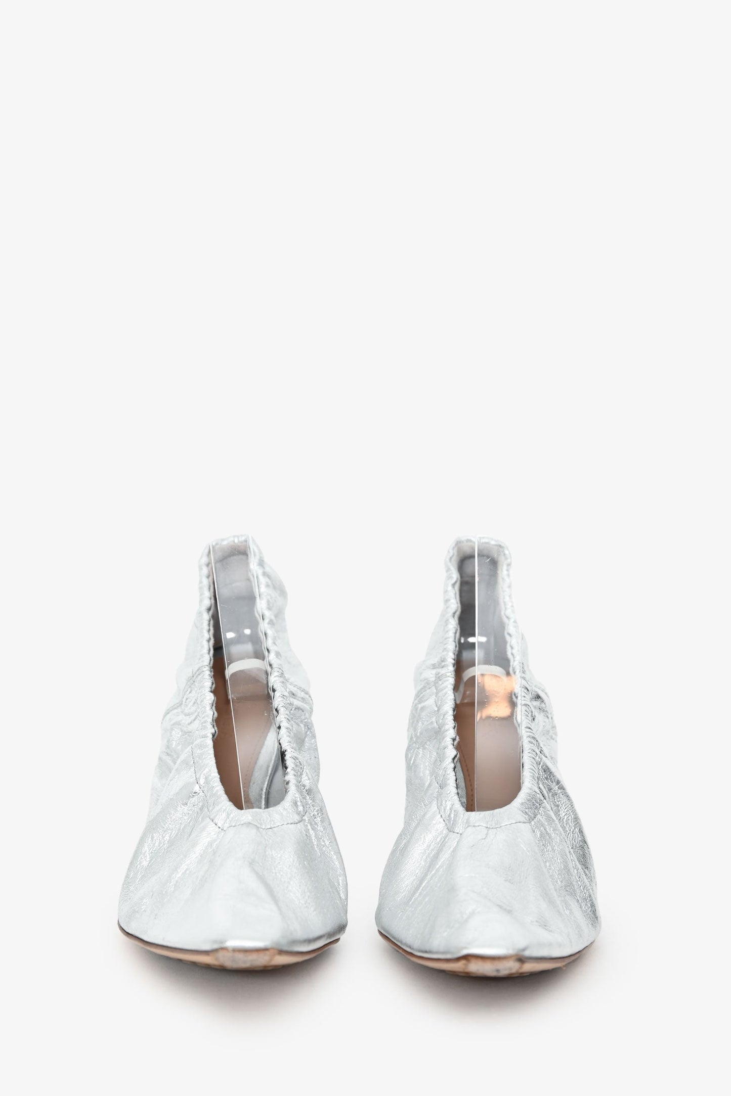 Bottega Veneta Silver Crinkled Leather Clear 'Almond' Pointed Heel Size 38.5