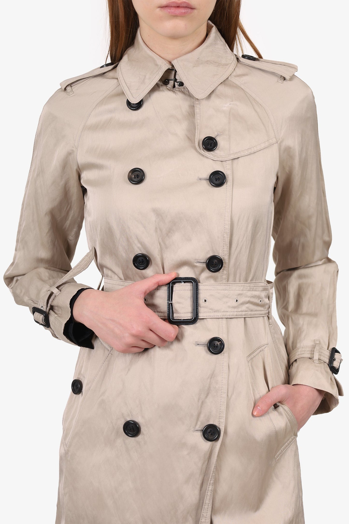 Burberry London Beige Satin Double Breasted Short Trench Coat With Belt Size 2