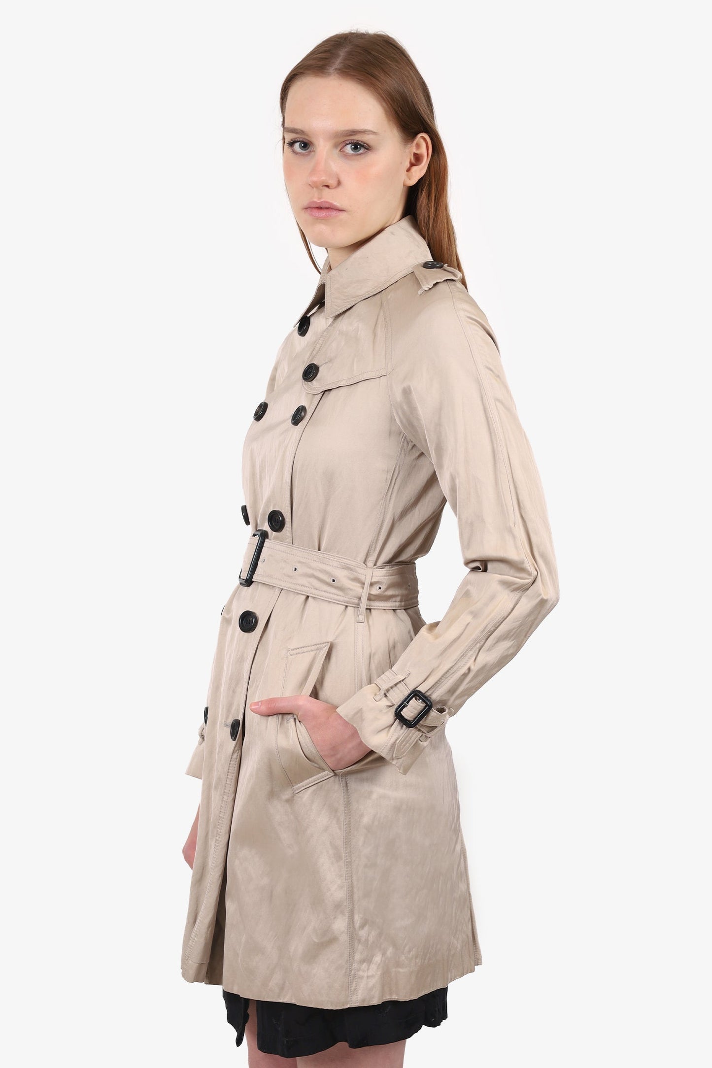 Burberry London Beige Satin Double Breasted Short Trench Coat With Belt Size 2
