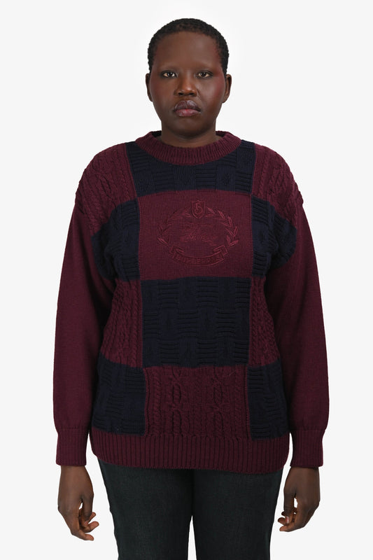 Burberrys Maroon/Navy Wool Embroidered Logo Check Sweater Est. Size M