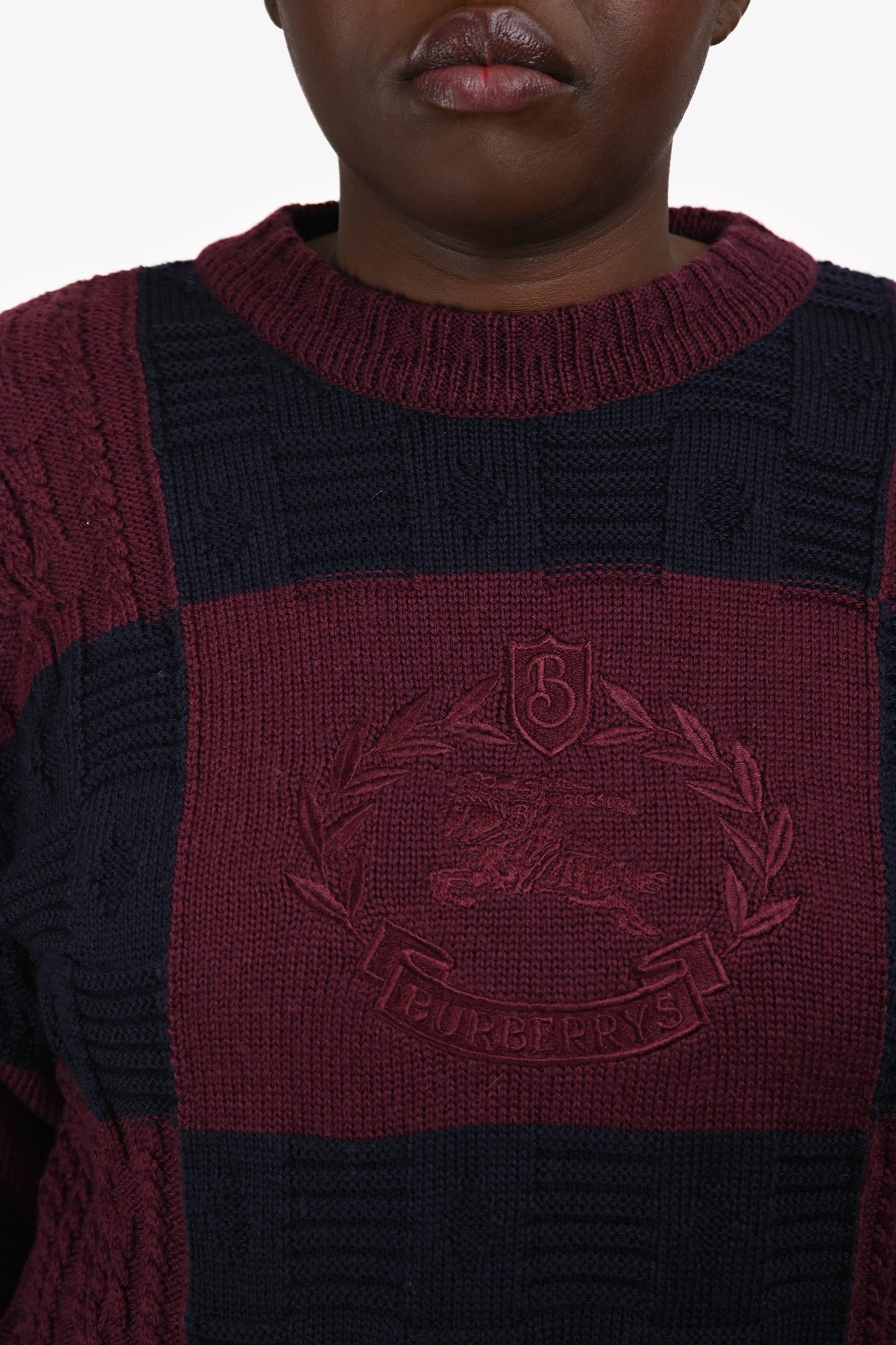 Burberrys Maroon/Navy Wool Embroidered Logo Check Sweater Est. Size M