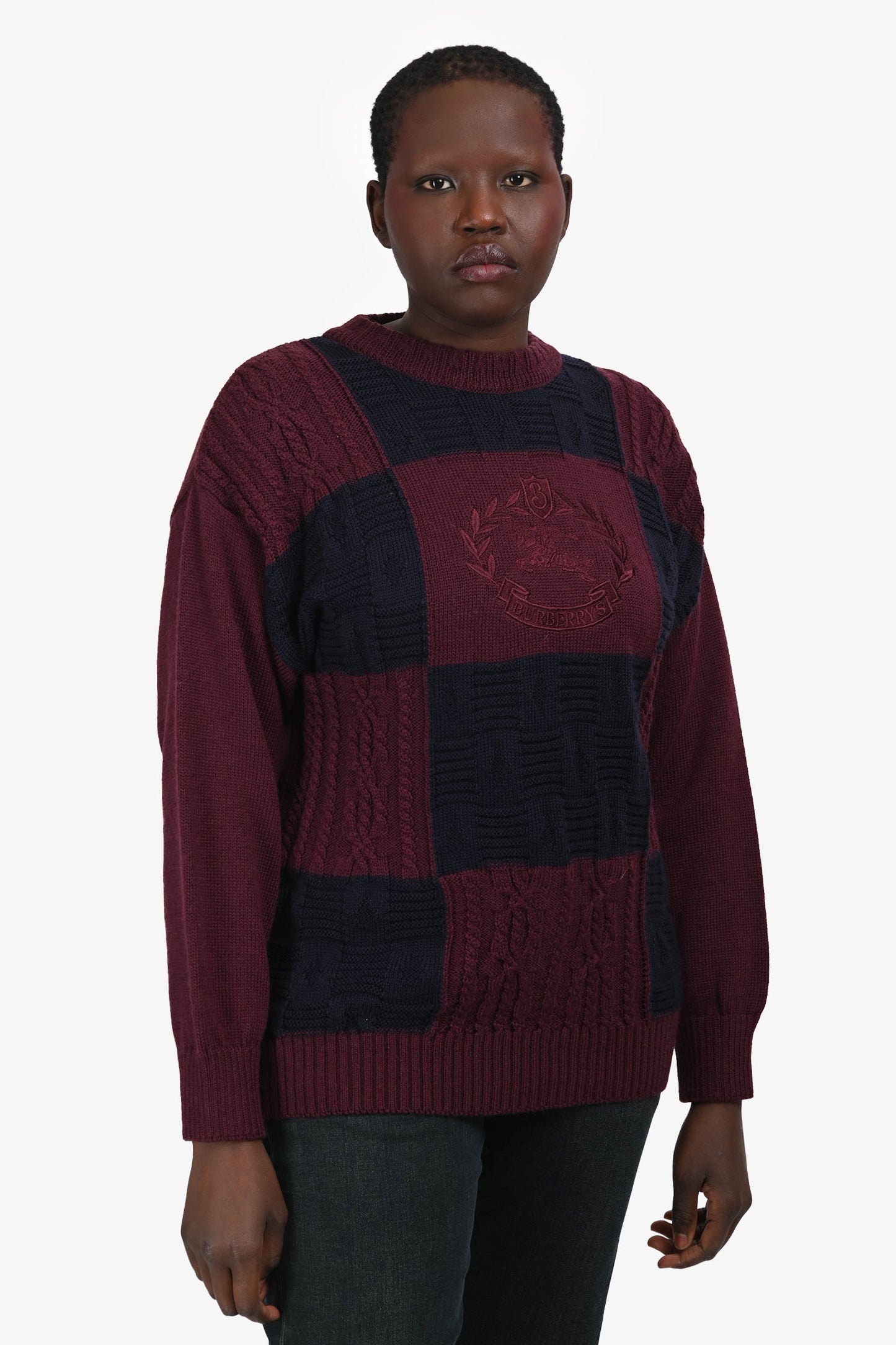 Burberrys Maroon/Navy Wool Embroidered Logo Check Sweater Est. Size M