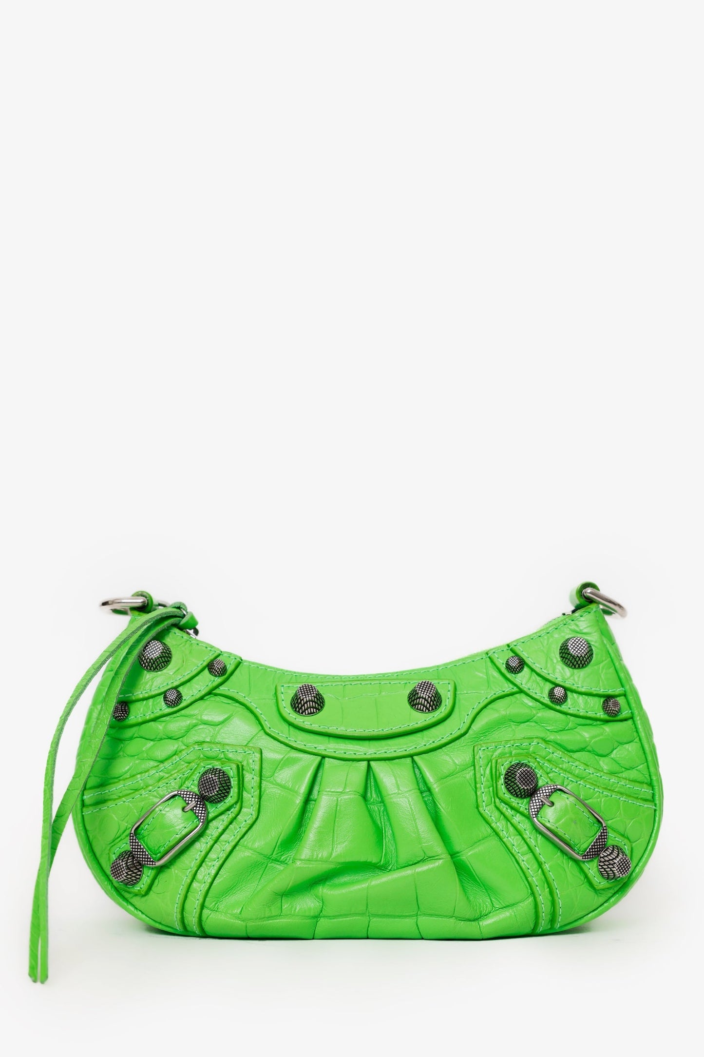 Balenciaga Neon Green Croc Embossed Leather Mini Le Cagole Crossbody Bag With Chain
