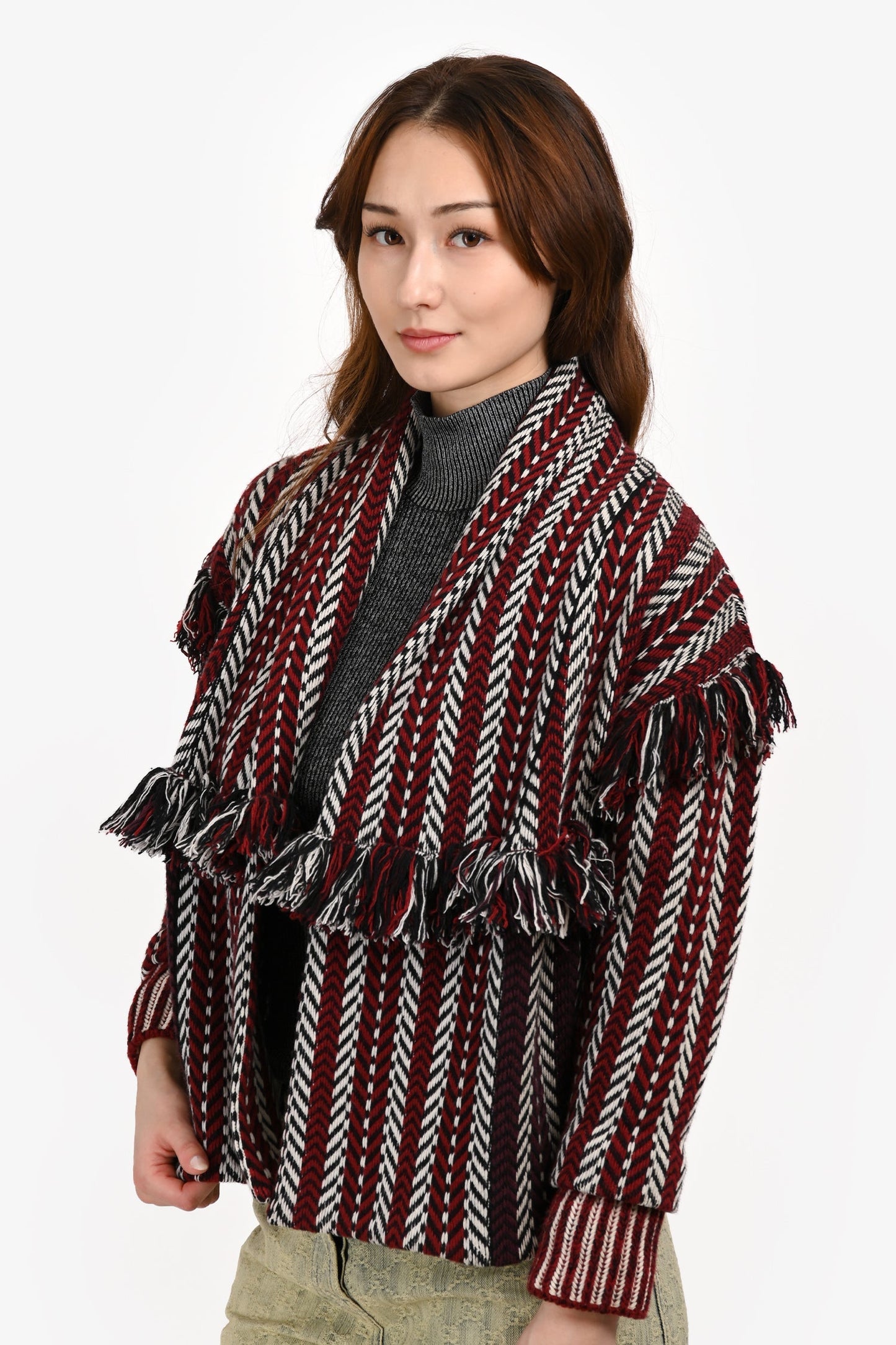 Burberry Red/Multicolour Wool/Cashmere Fringe Short Cardigan Size XS