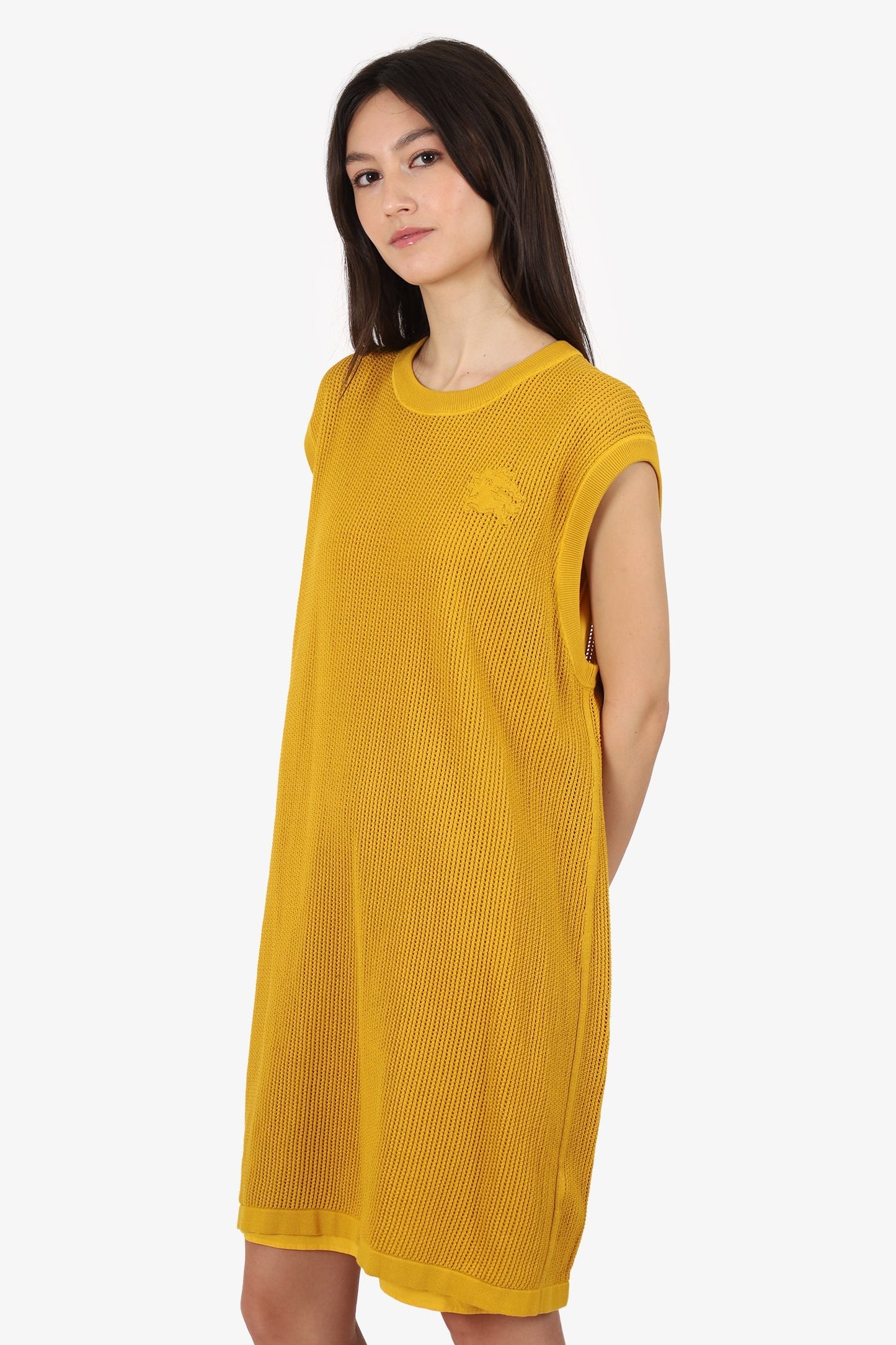 Burberry Yellow Cotton Knit Mesh Logo Sleeveless Dress Size XL