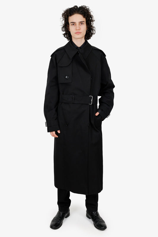 Burberry 2024 Black Cotton Double Breasted Belted Long Trench Coat Size 50