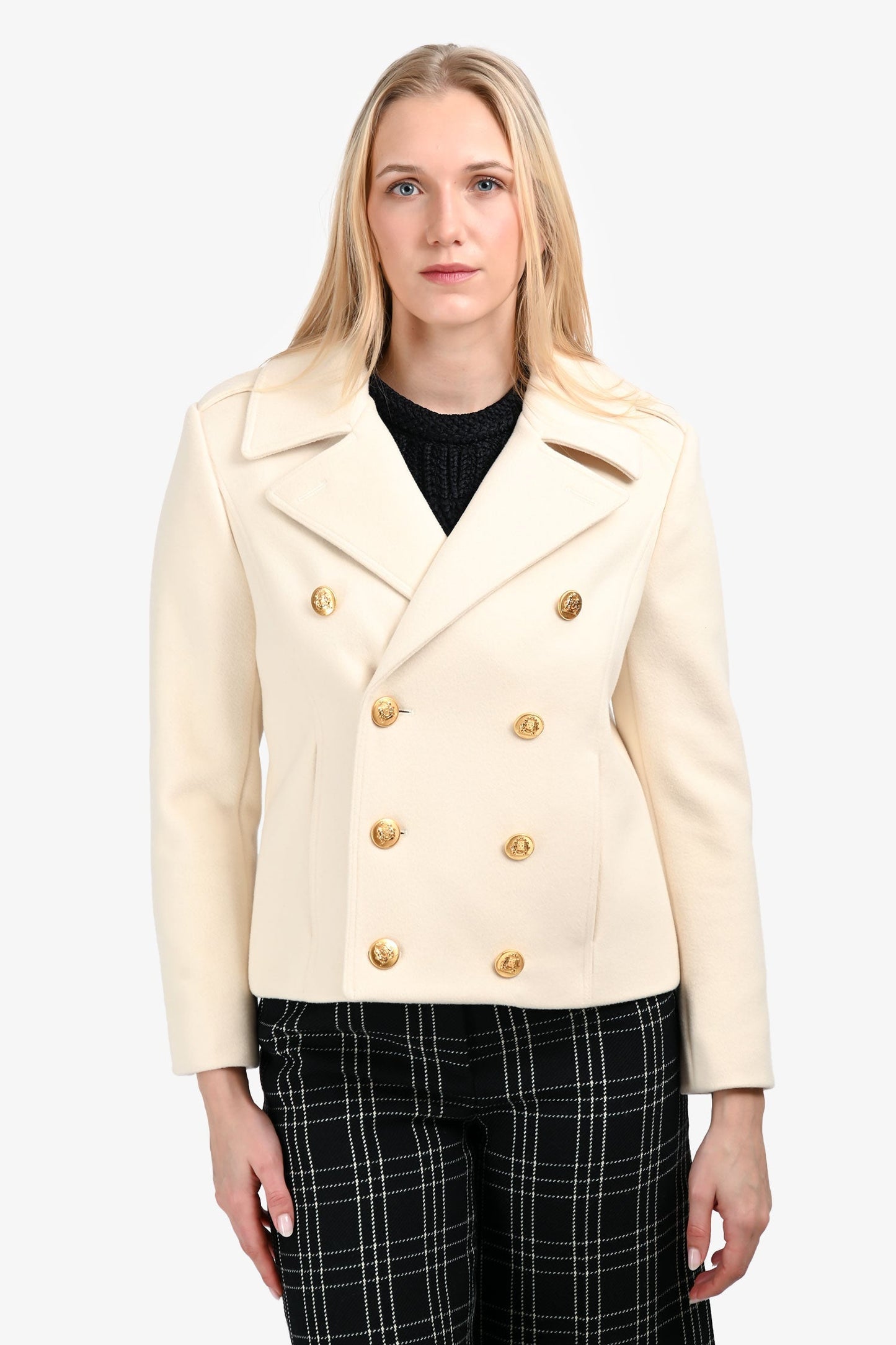 Celine 2020 Cream Cashmere Gold Triomphe Button Jacket Size 42