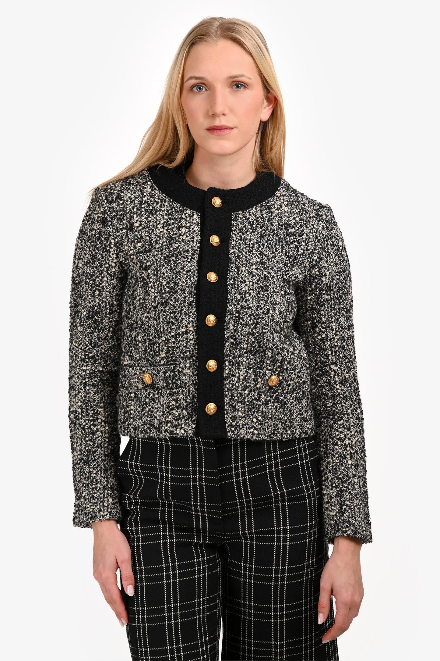 Celine Grey/Black Wool Shoulder Padded Trim Detail Blazer Size 34