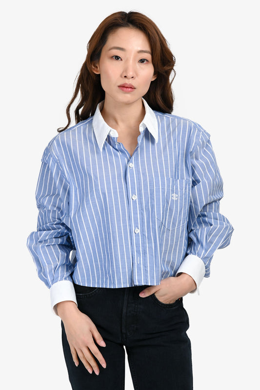 Celine Blue/White Striped Cotton Poplin Cropped Triomphe Blo  Size 42