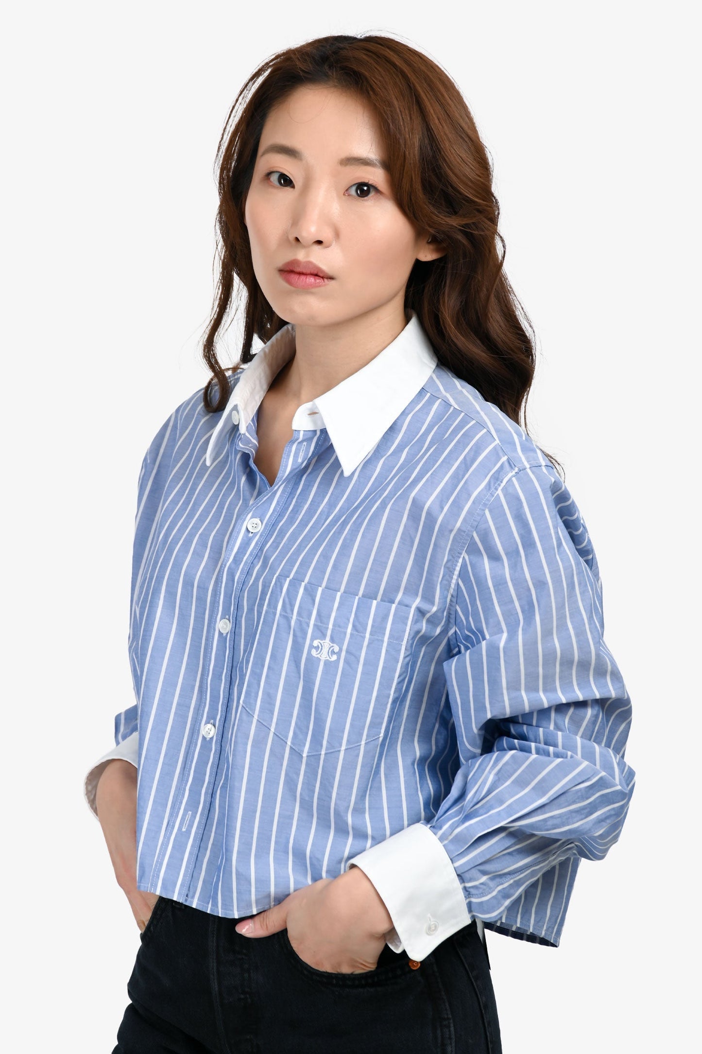 Celine Blue/White Striped Cotton Poplin Cropped Triomphe Blo  Size 42