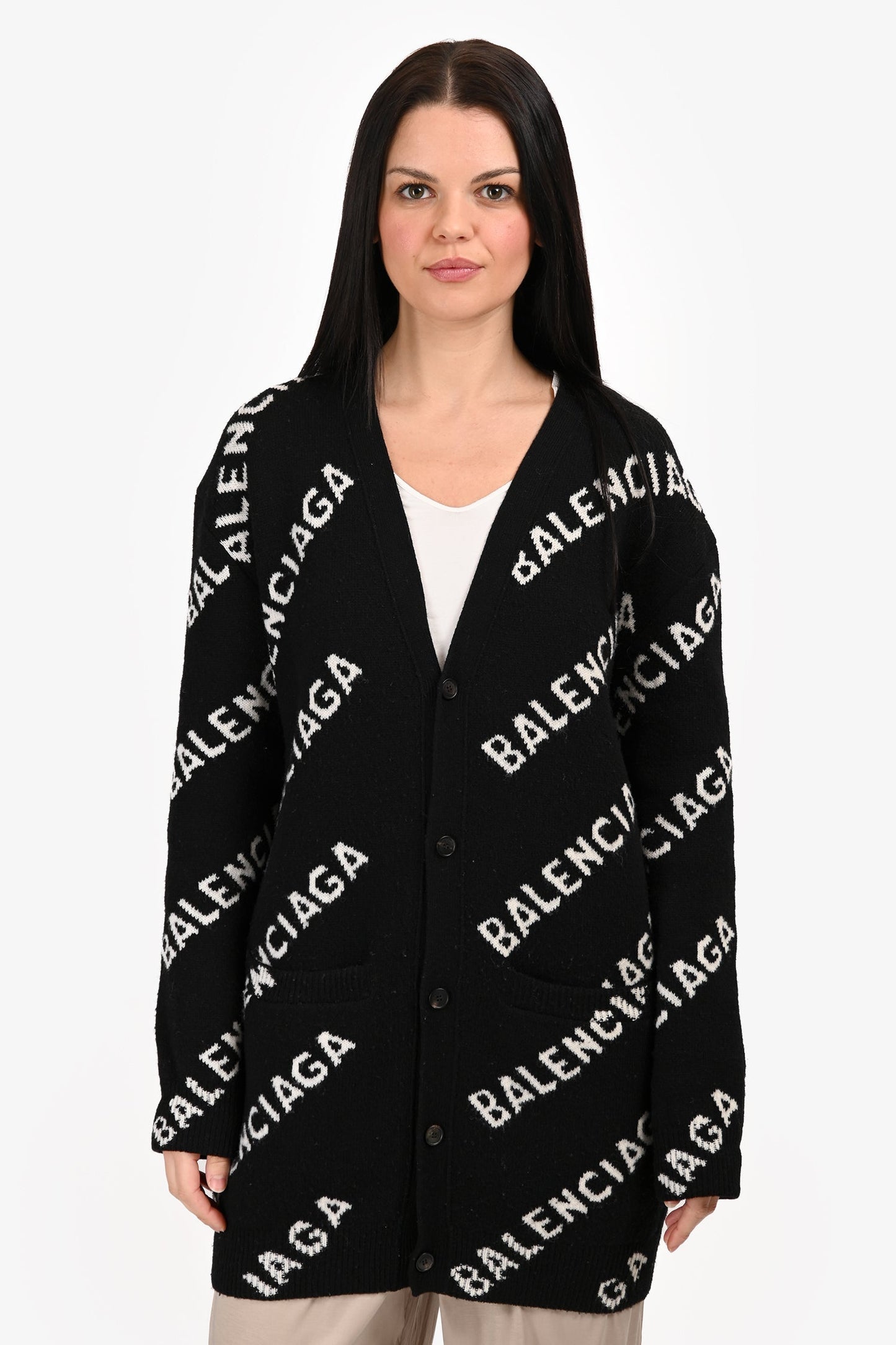 Balenciaga Black/White Wool Logo All Over Button Cardigan Size M