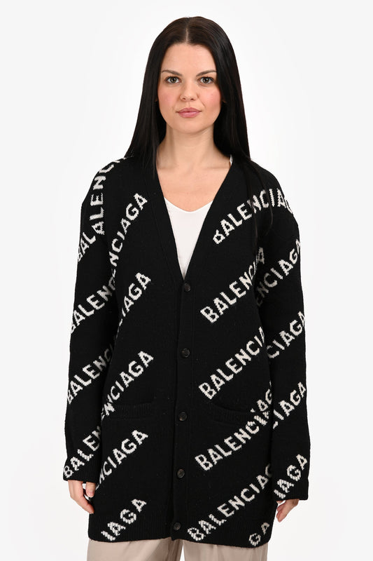 Balenciaga Black/White Wool Logo All Over Button Cardigan Size M