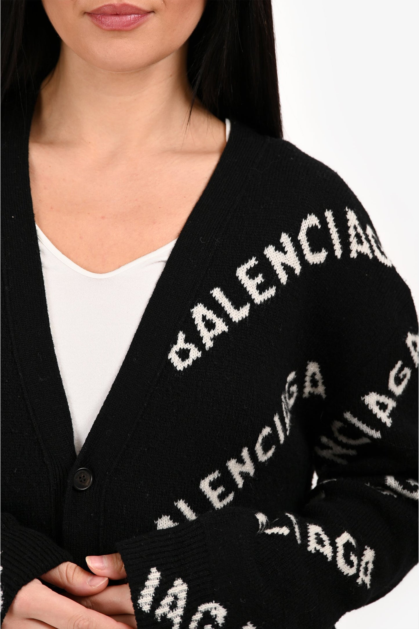 Balenciaga Black/White Wool Logo All Over Button Cardigan Size M