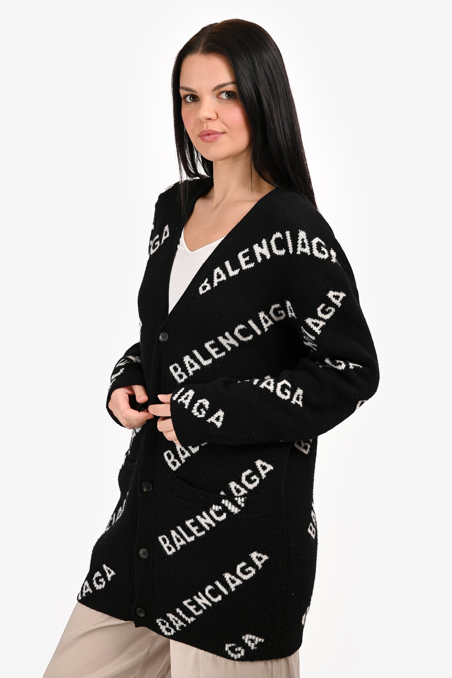 Balenciaga Black/White Wool Logo All Over Button Cardigan Size M