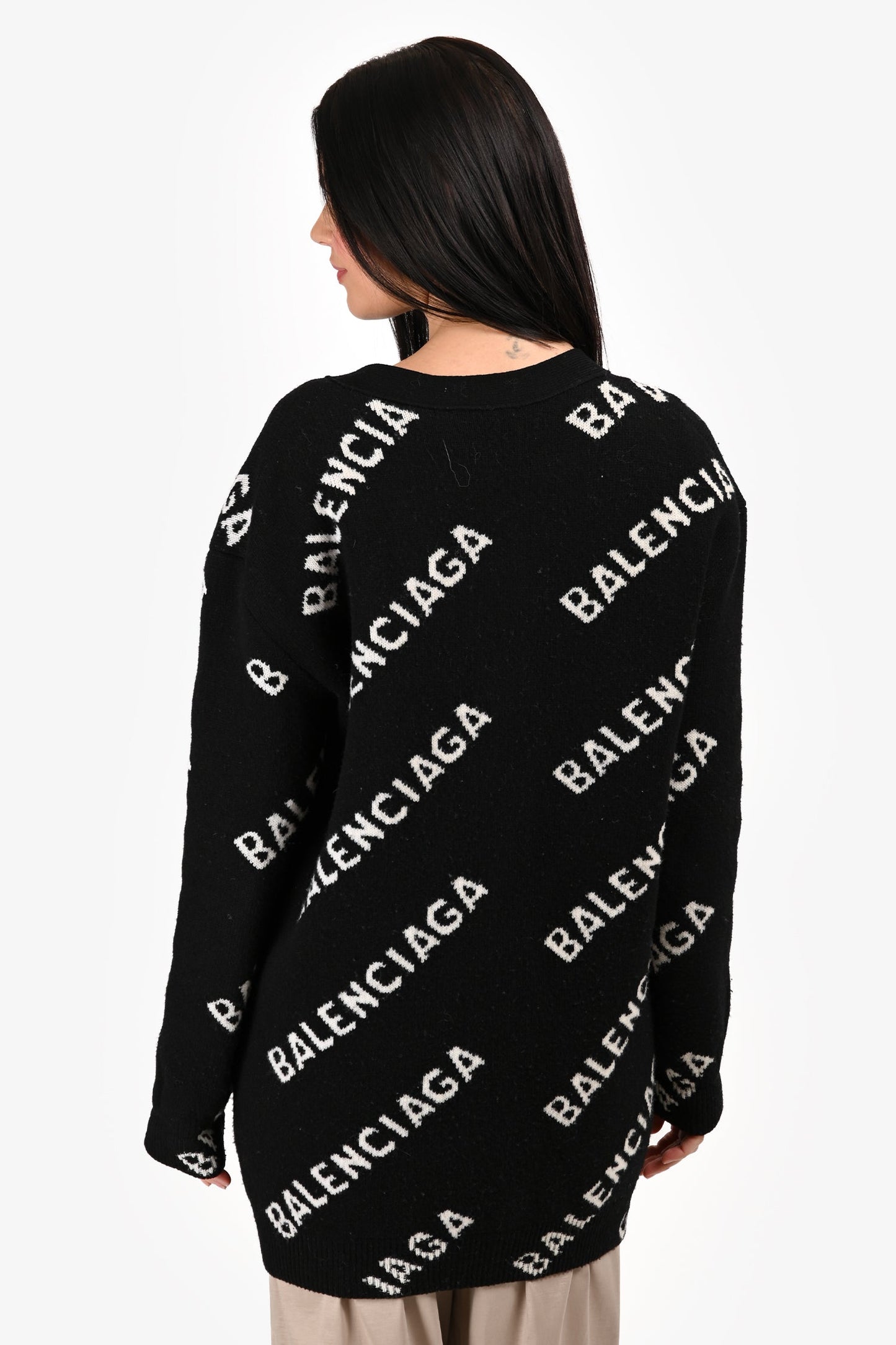 Balenciaga Black/White Wool Logo All Over Button Cardigan Size M