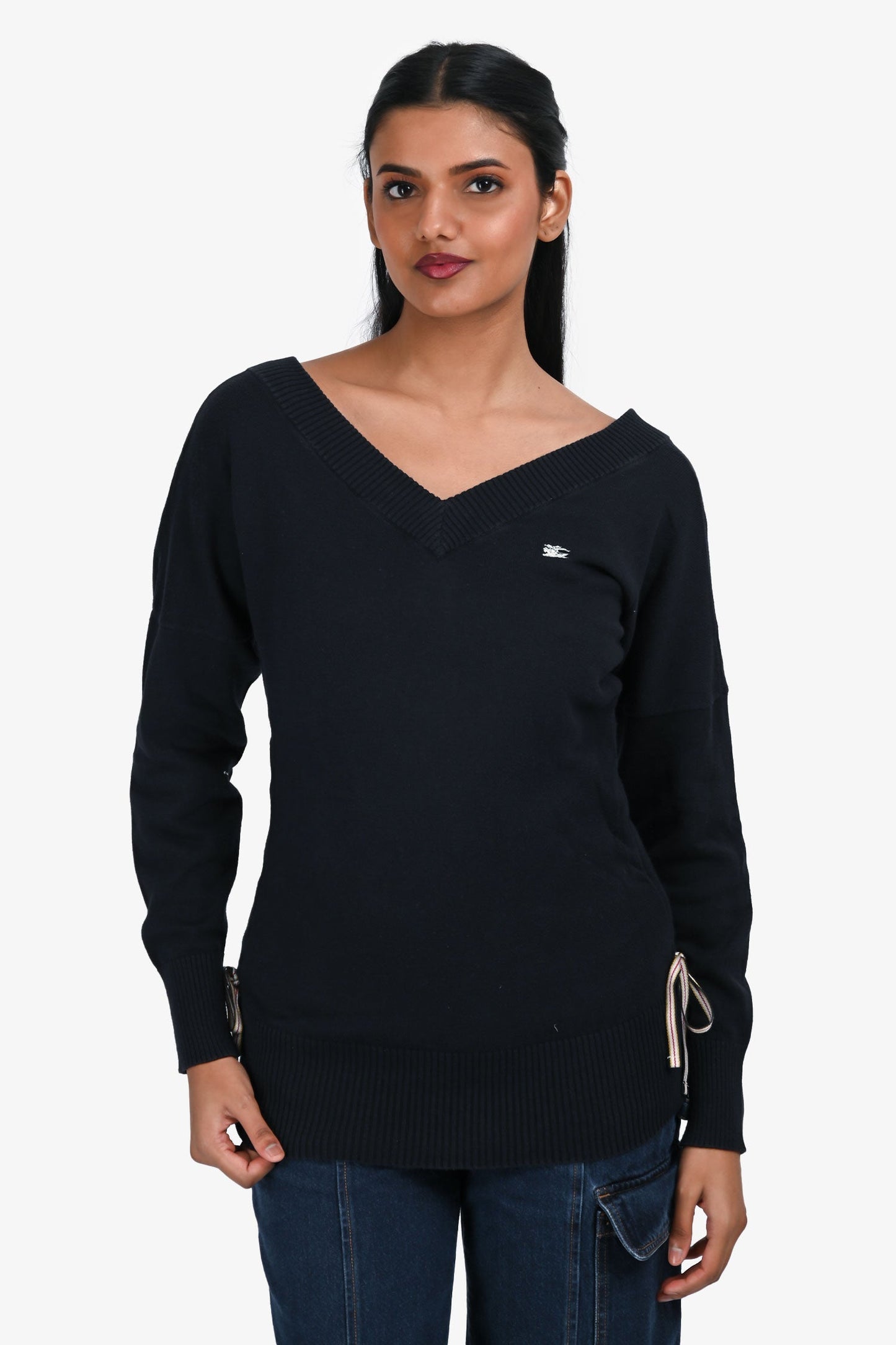 Burberry Blue Label Navy Cotton V-Neck Tie Detail Sweater Size 38