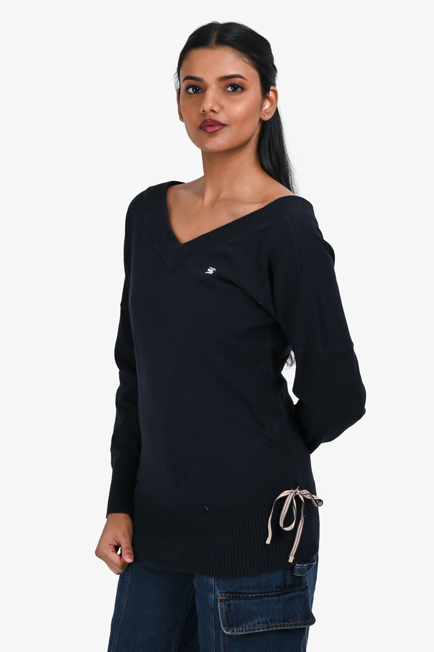 Burberry Blue Label Navy Cotton V-Neck Tie Detail Sweater Size 38