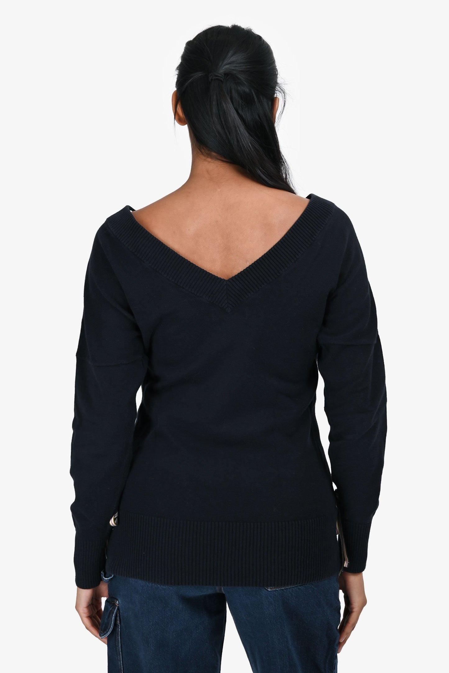 Burberry Blue Label Navy Cotton V-Neck Tie Detail Sweater Size 38