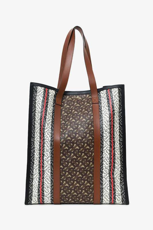 Burberry Bridle Brown TB Monogram Canvas Stripe Vertical Tote
