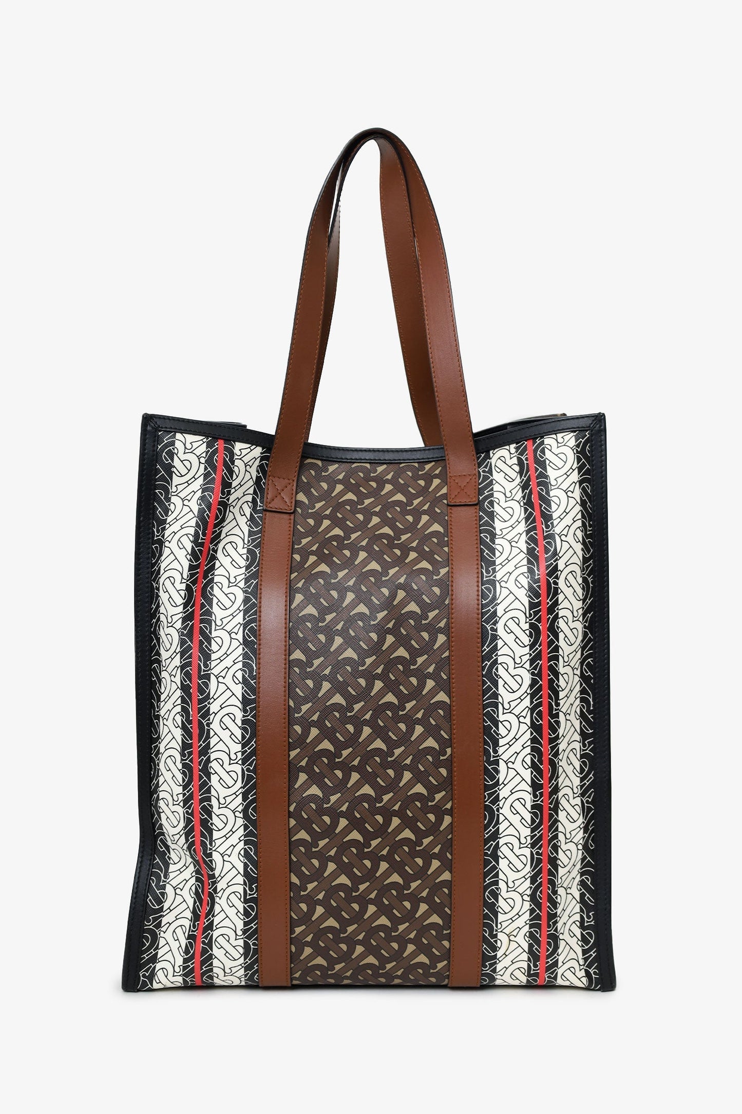 Burberry Bridle Brown TB Monogram Canvas Stripe Vertical Tote