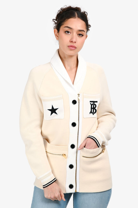 Burberry Cream Wool TB Star Patchwork Zip Up Cardigan Size 12+