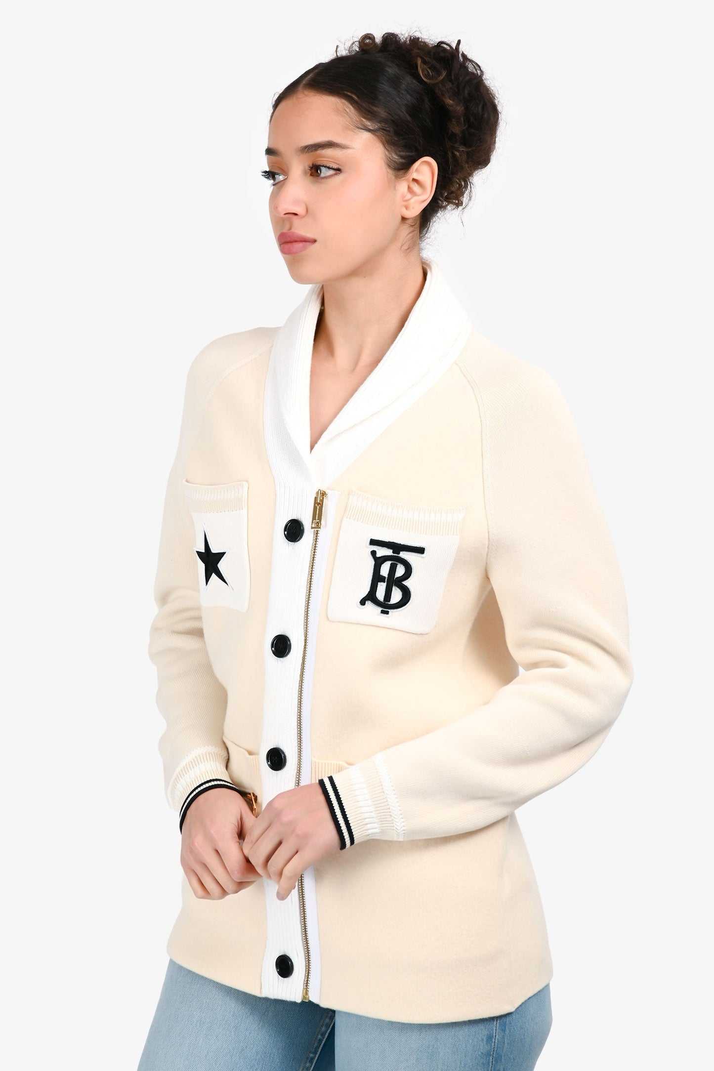 Burberry Cream Wool TB Star Patchwork Zip Up Cardigan Size 12+