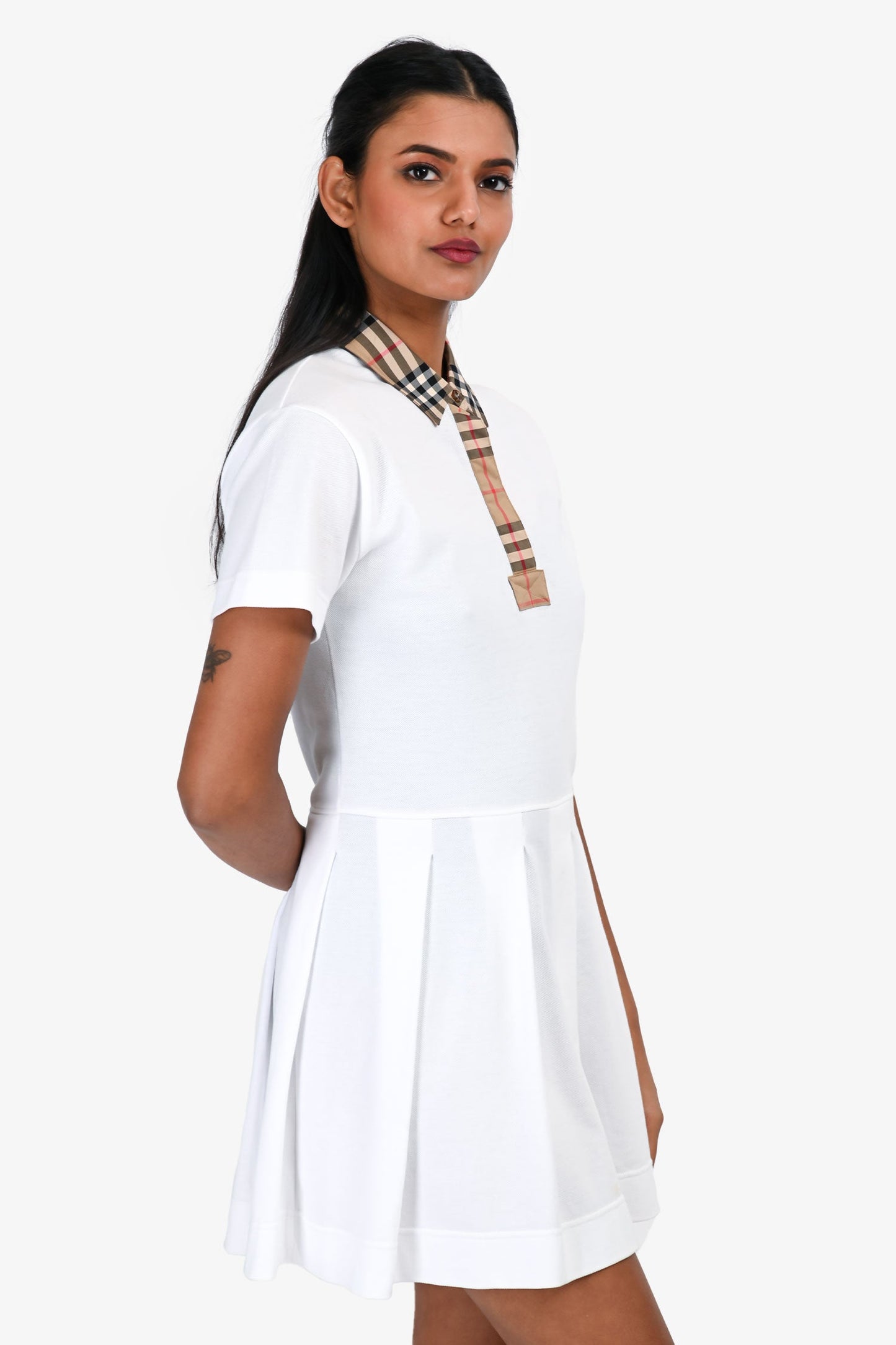 Burberry White/Brown Tartan Trim Patterned Short Sleeve Polo Dress Size 12+