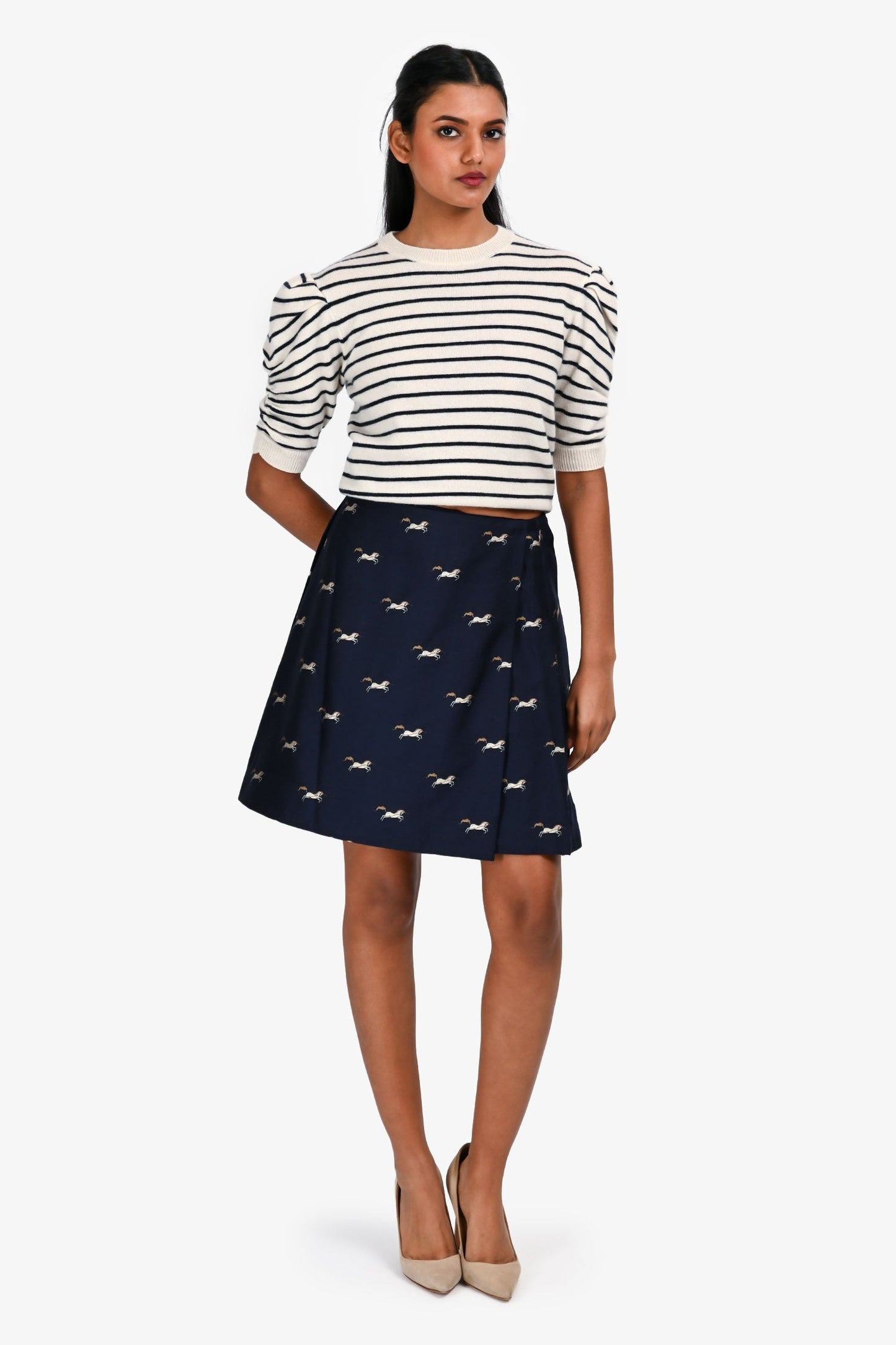 Burberry Navy Wool Horse Patterned Mini Pleated Skirt Size 14+