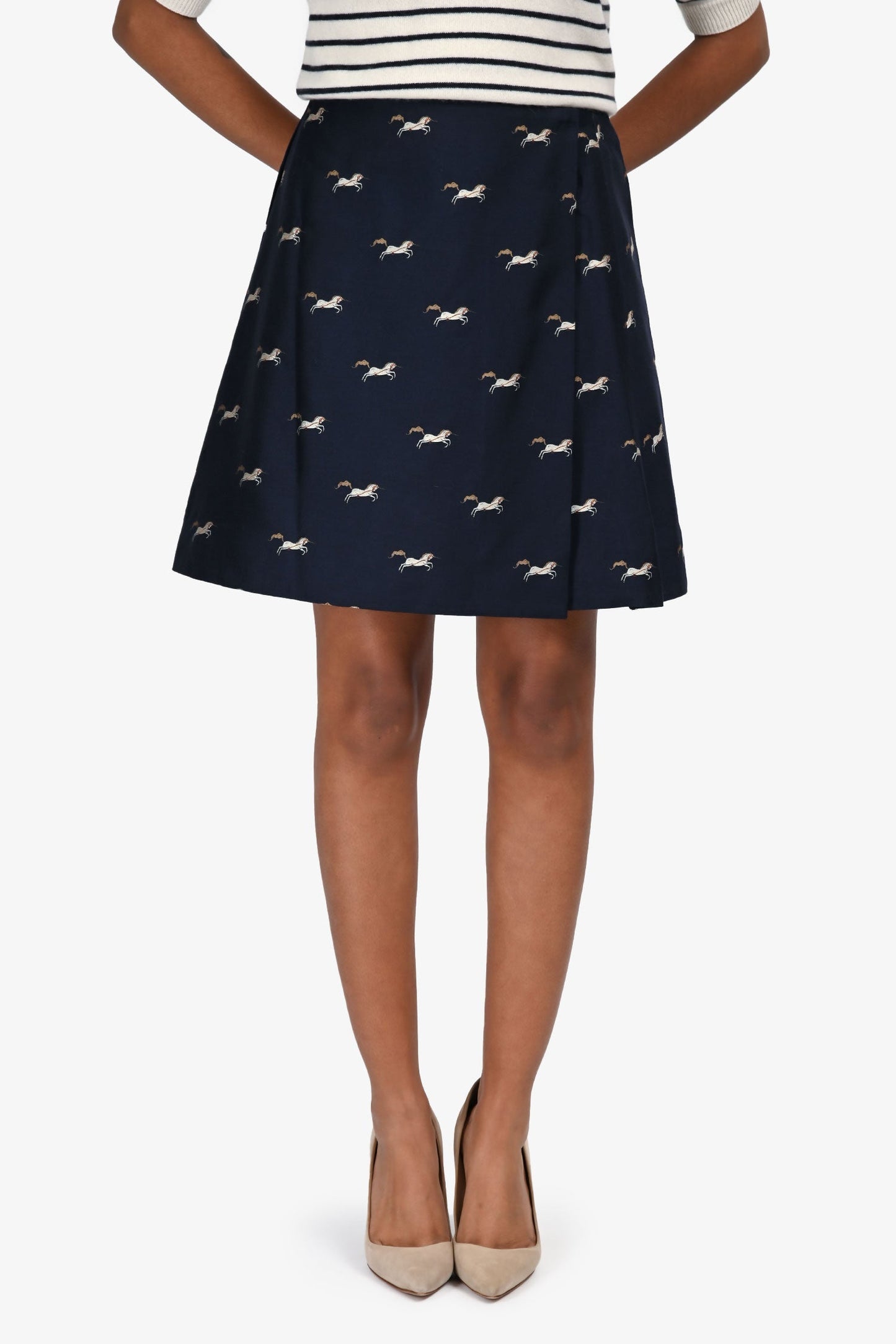 Burberry Navy Wool Horse Patterned Mini Pleated Skirt Size 14+