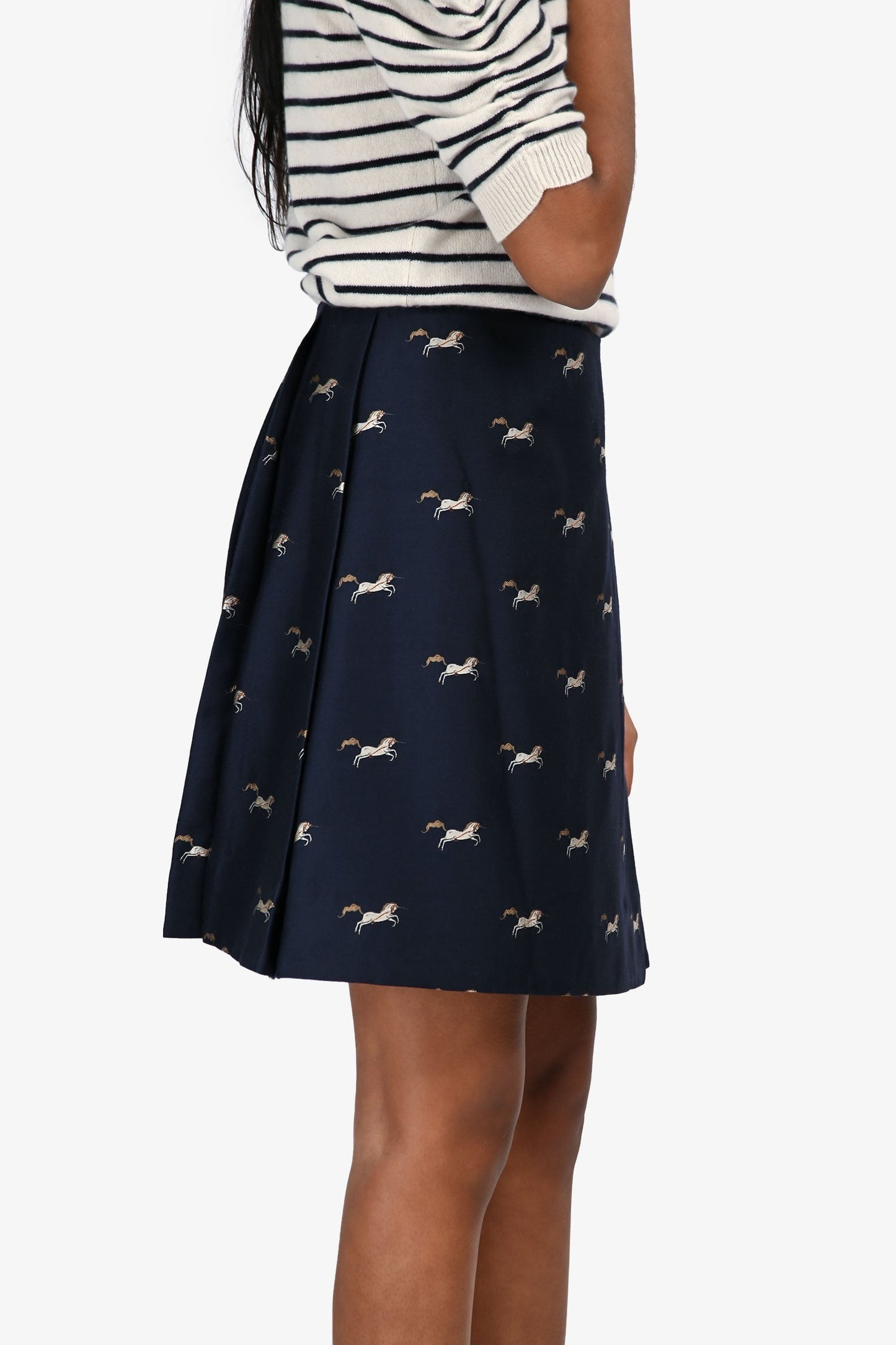 Burberry Navy Wool Horse Patterned Mini Pleated Skirt Size 14+