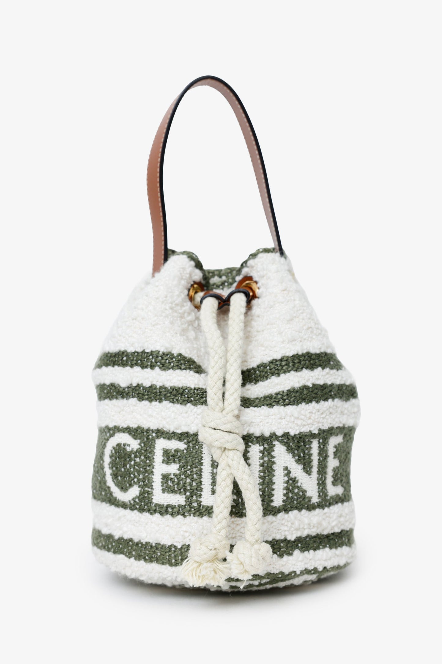 Celine 2022 Green/White Terry Cloth Teen Drawstring Plein Soleil Bucket Bag