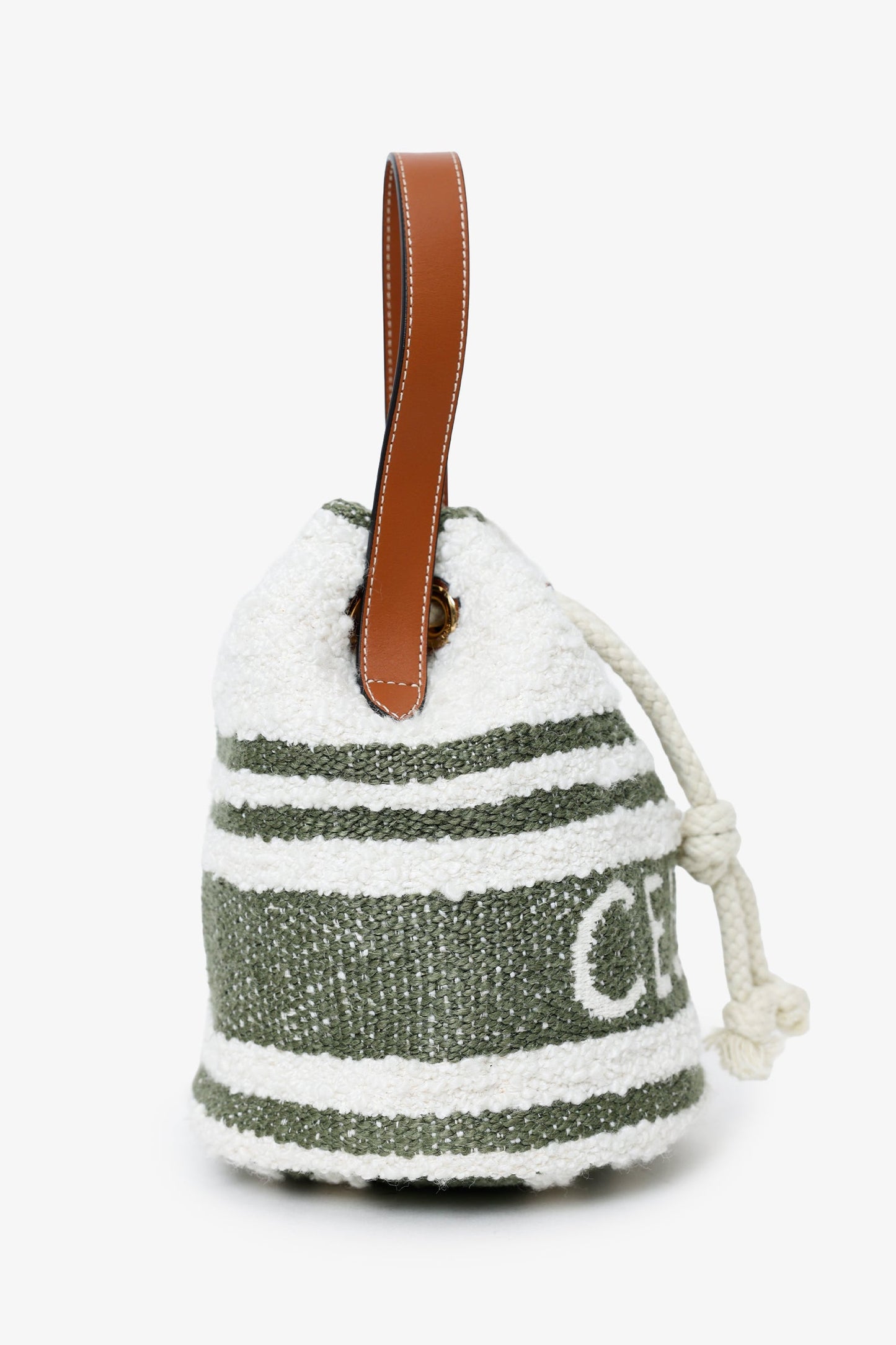 Celine 2022 Green/White Terry Cloth Teen Drawstring Plein Soleil Bucket Bag