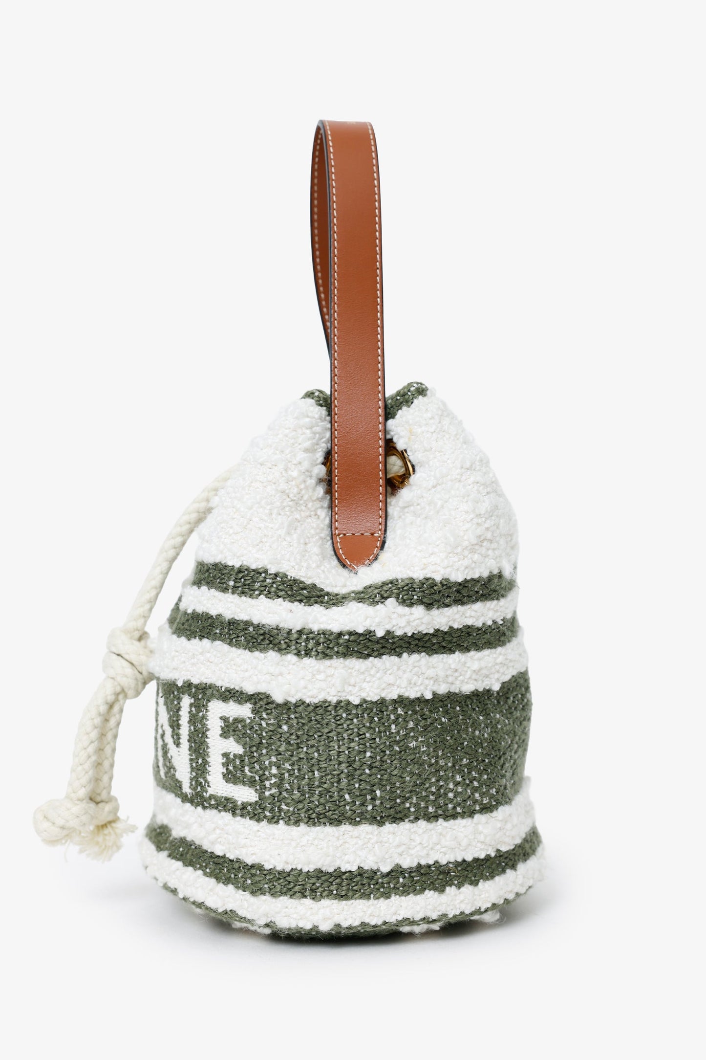 Celine 2022 Green/White Terry Cloth Teen Drawstring Plein Soleil Bucket Bag