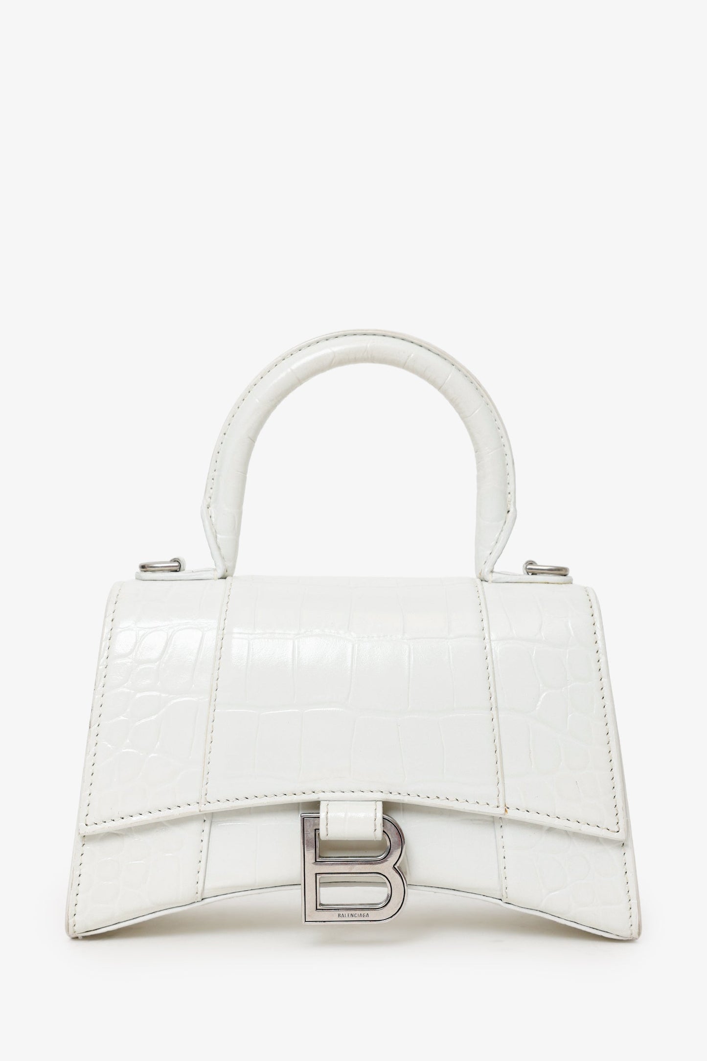 Balenciaga White Croc Embossed XS Hourglass Top Handle Bag With Strap