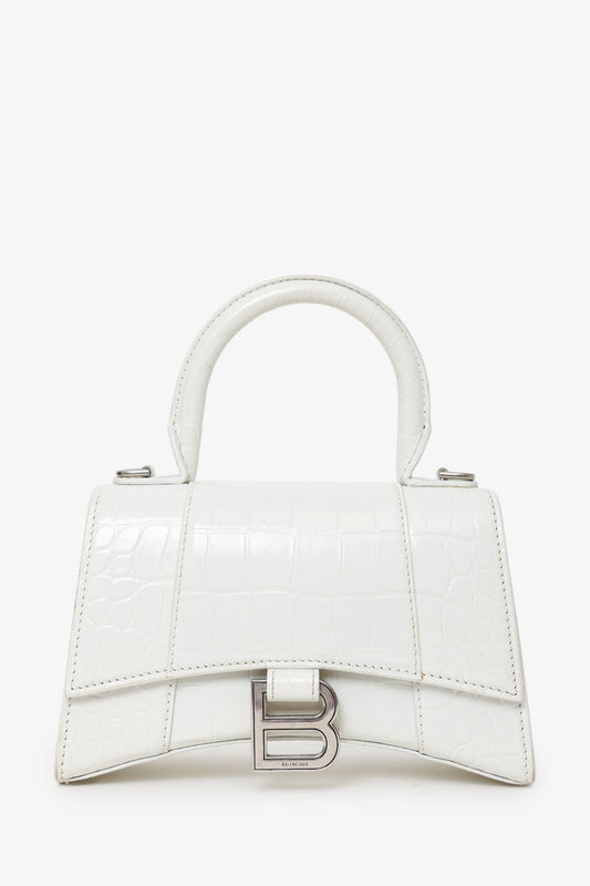 Balenciaga White Croc Embossed XS Hourglass Top Handle Bag With Strap