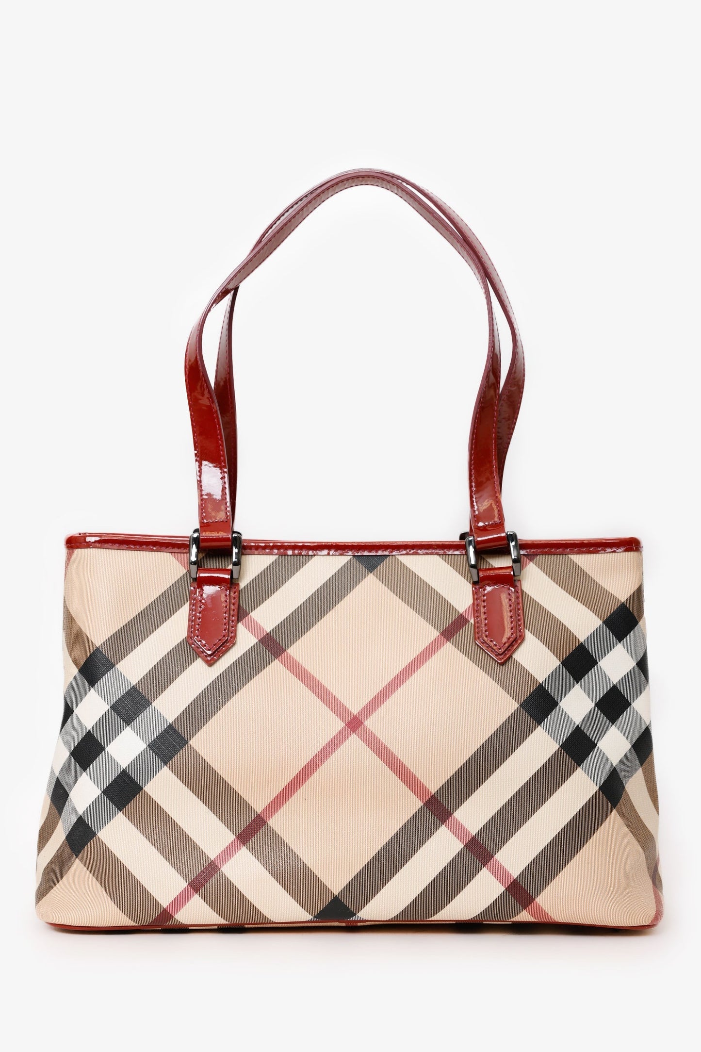 Burberry Beige/Red Coated Canvas Novacheck Top Handle Bag