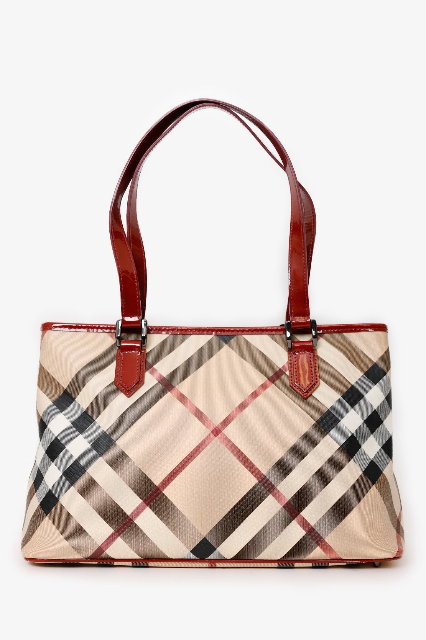 Burberry Beige/Red Coated Canvas Novacheck Top Handle Bag