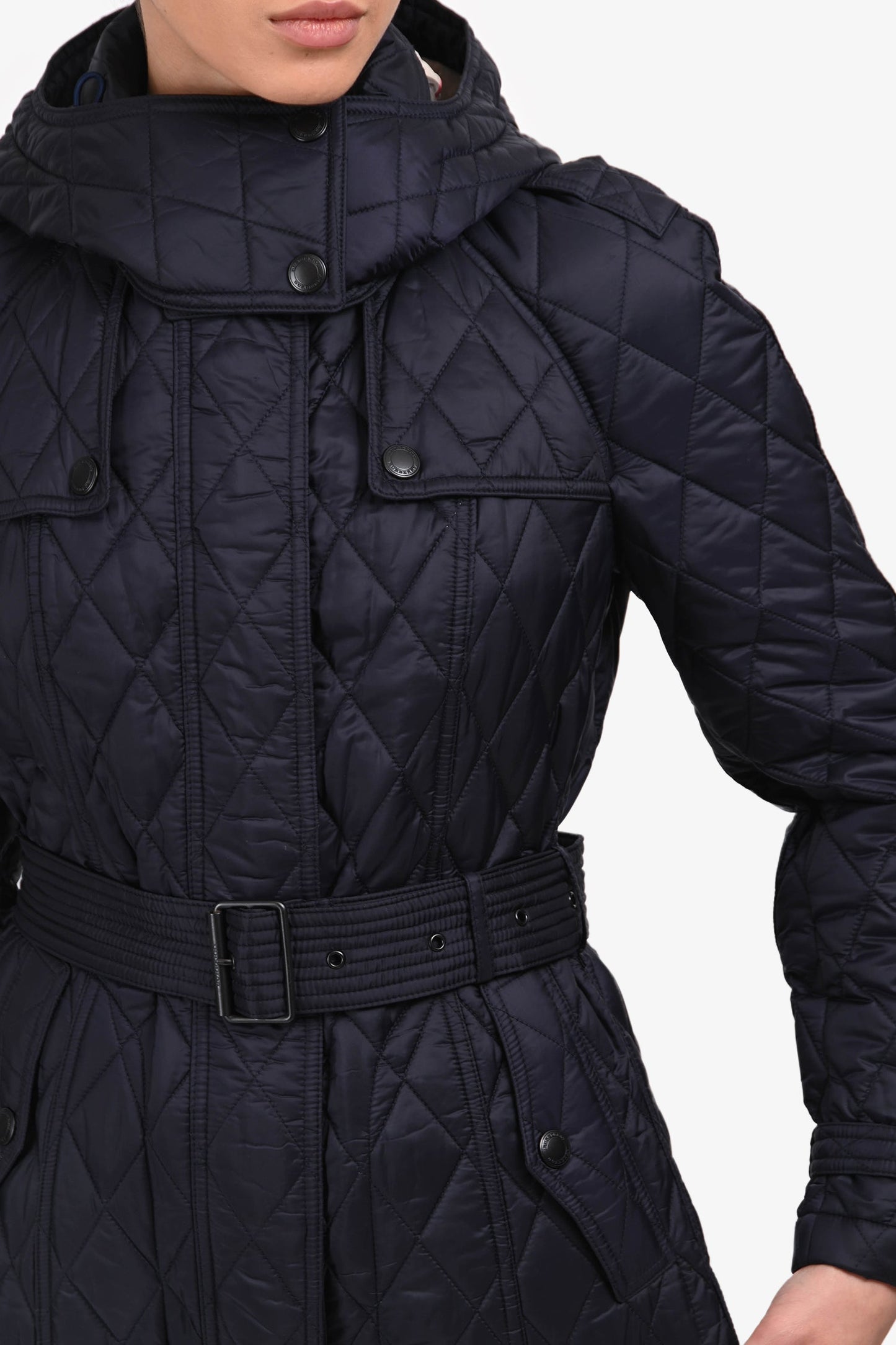 Burberry Navy Nylon Quilted Belted Short Coat Size S